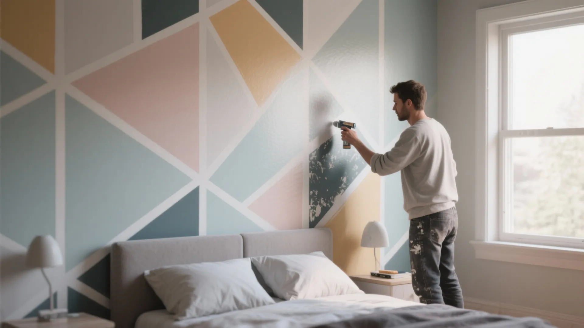 Small bedroom accent wall with a repeatable geometric stencil pattern applied with a low-pressure sprayer.
