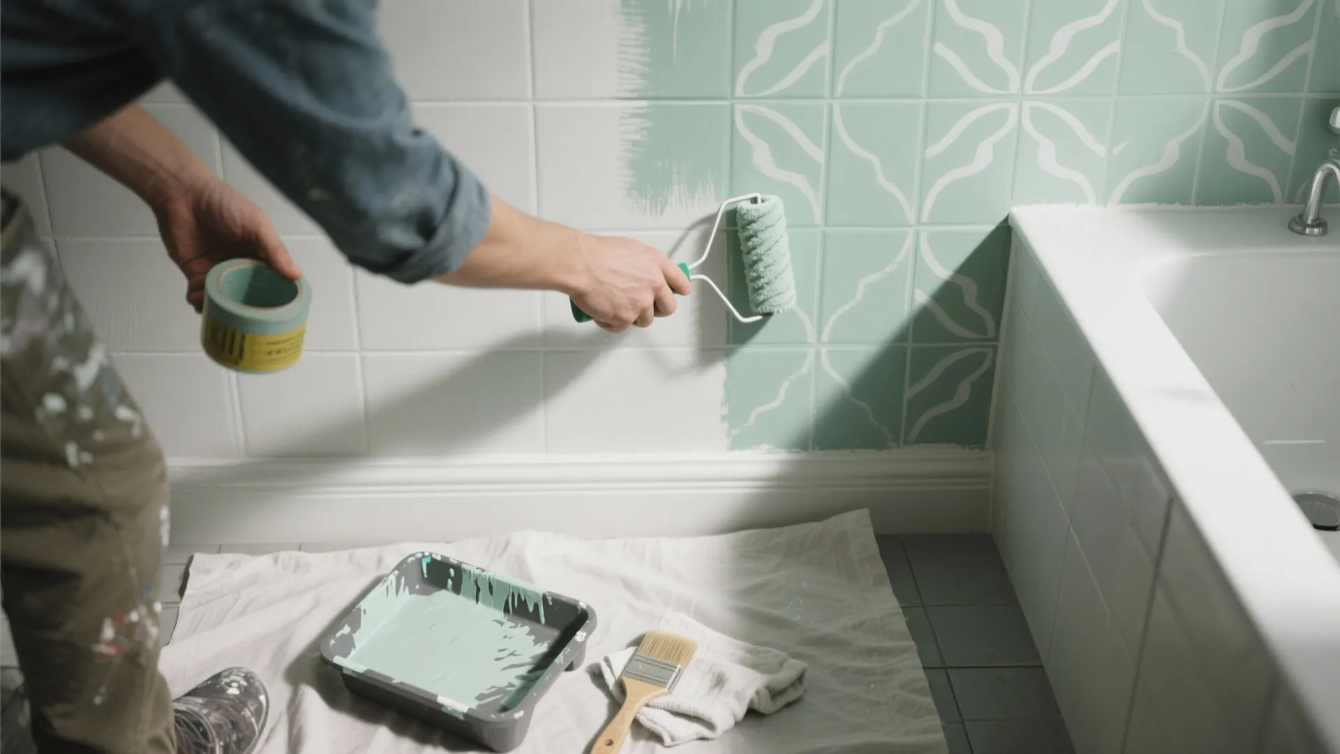 Top-down view of a stencil and painter rolling waterproof paint for a sage accent wall in a small bathroom.