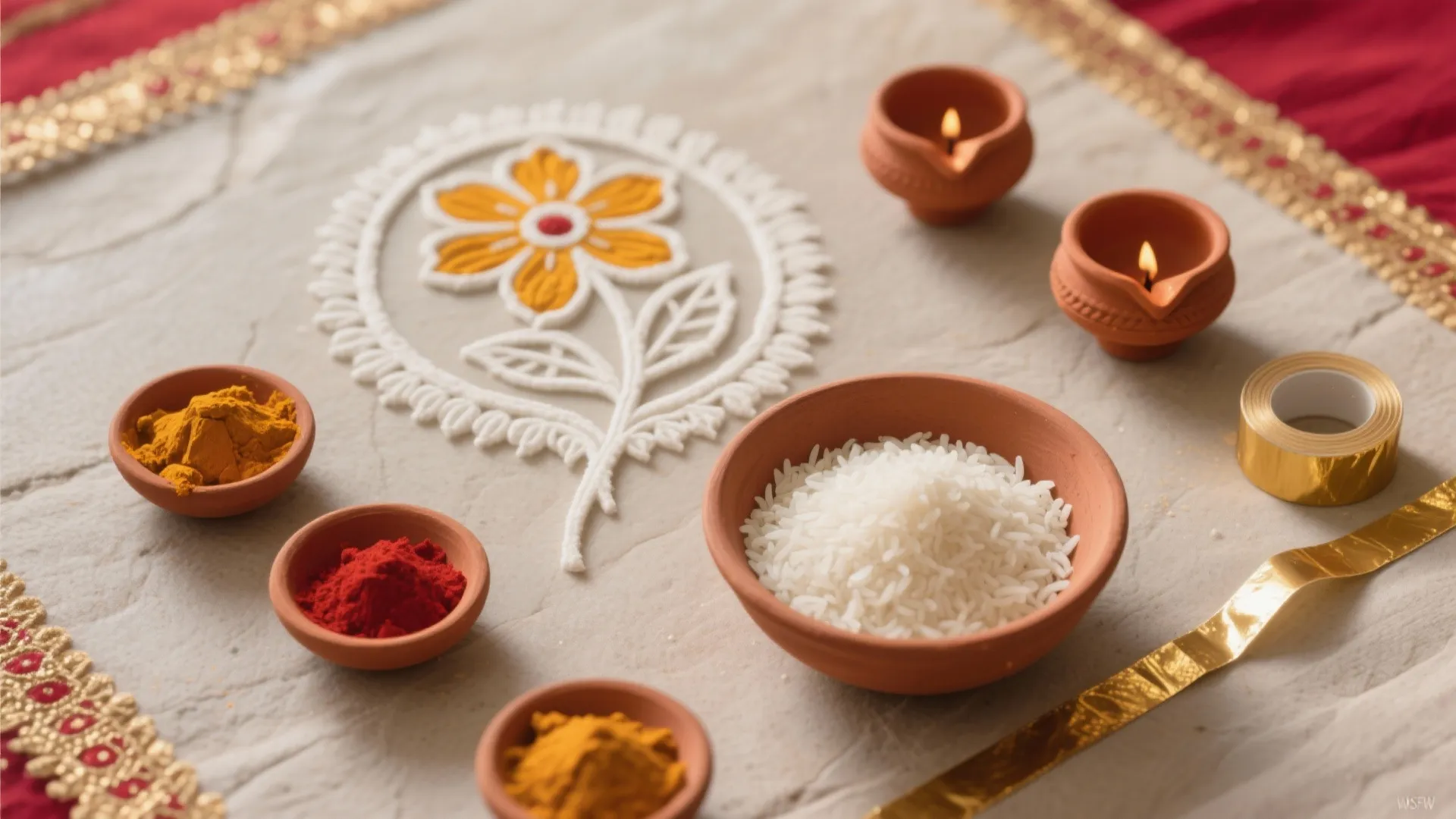 Rice-Powder Stencil Borders with Gold Accents