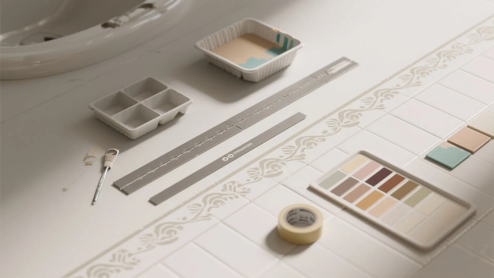 Flatlay of stencil tools, paint samples, and tiles showing a narrow stenciled border pattern for bathrooms.