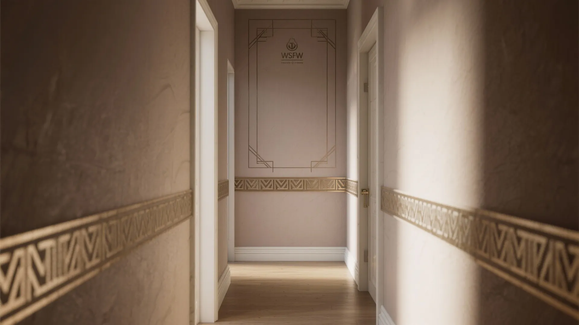 Narrow hallway with golden wall panel pattern and decorative frame on beige walls with floor