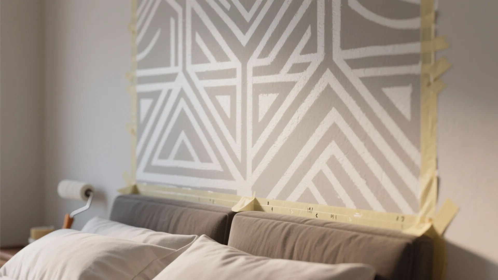 Close-up of a painted geometric stencil above a bed in neutral washable acrylic.