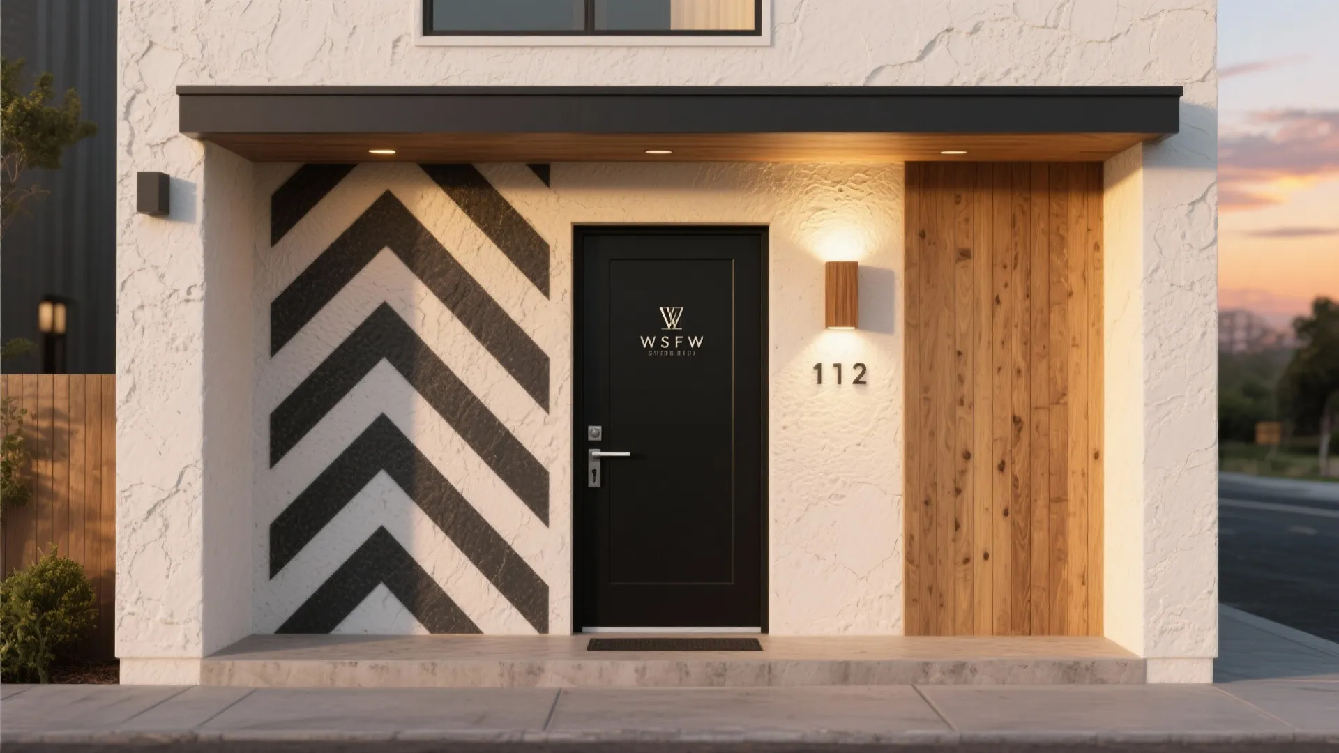 Modern home entrance with black door numbered 112 chevron wall pattern and warm wood panel