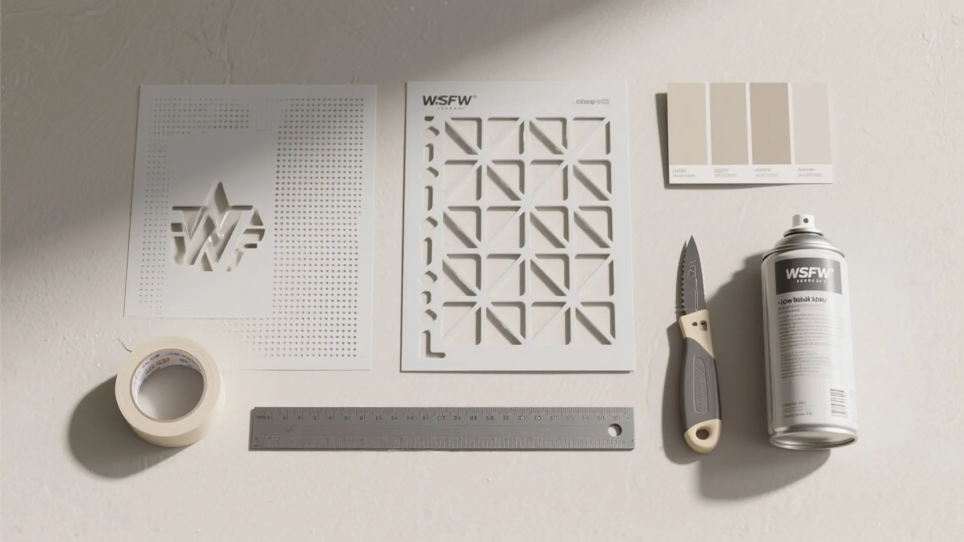 Interior design tools including stencils spray can ruler utility knife and color samples on table
