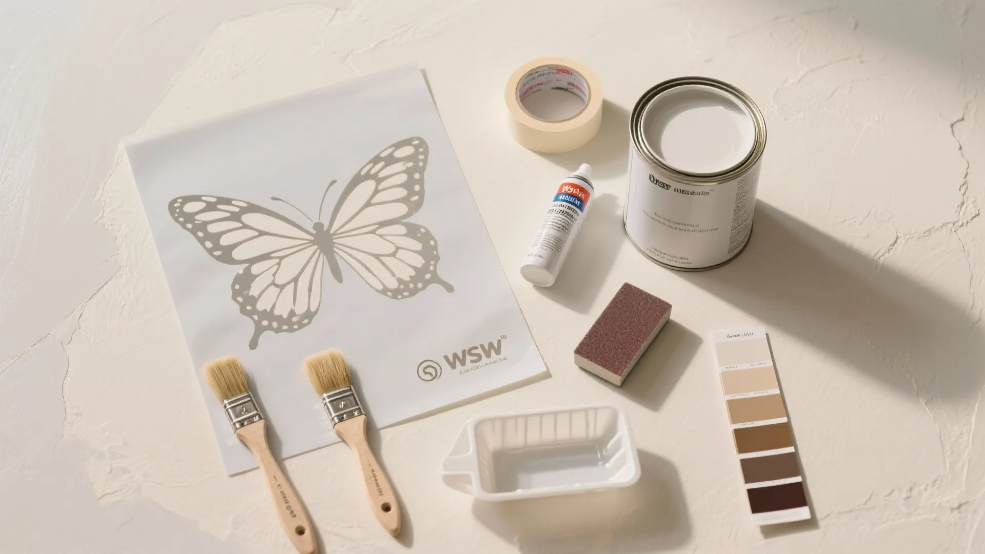 DIY painting tools including butterfly stencil brushes paint can tape and color swatches on textured table