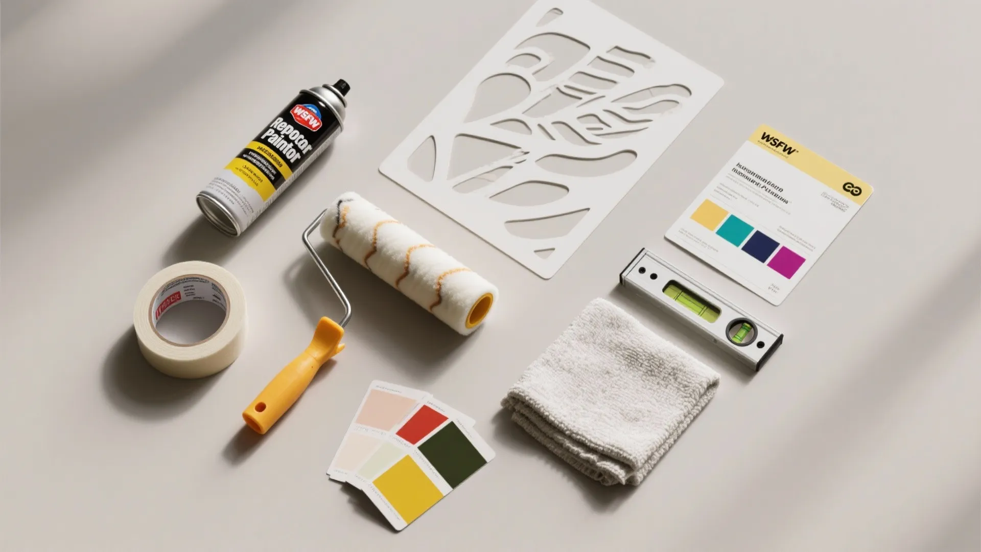Flat lay of painting supplies including paint roller spray can stencil tape level and color cards