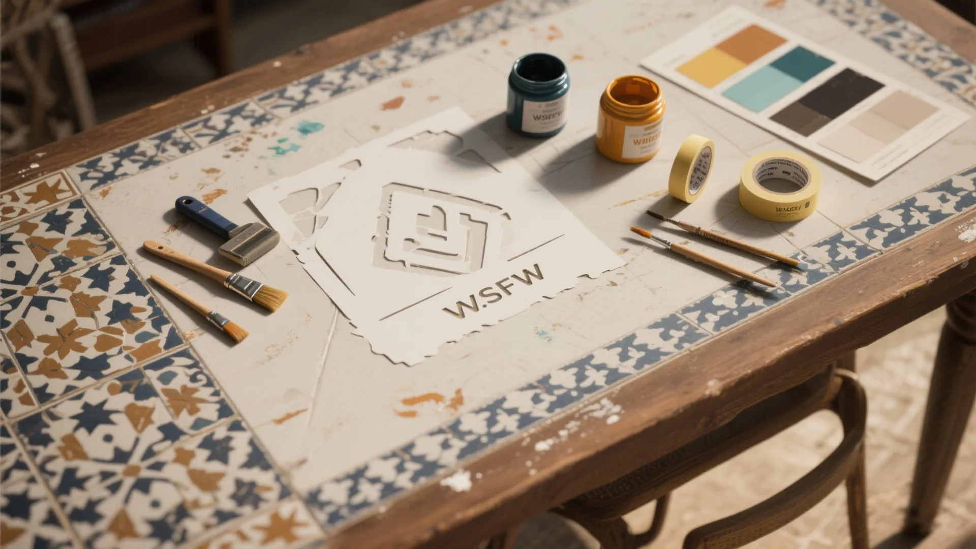 Top-down view of stencil tools and a table top with a hand-painted Moroccan tile motif in progress.