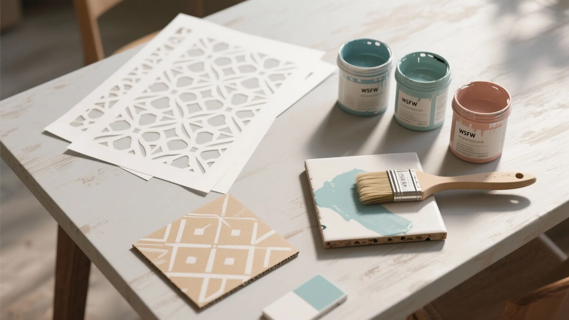 Table with paint cans paint brush stencils and wall tiles for a home DIY project