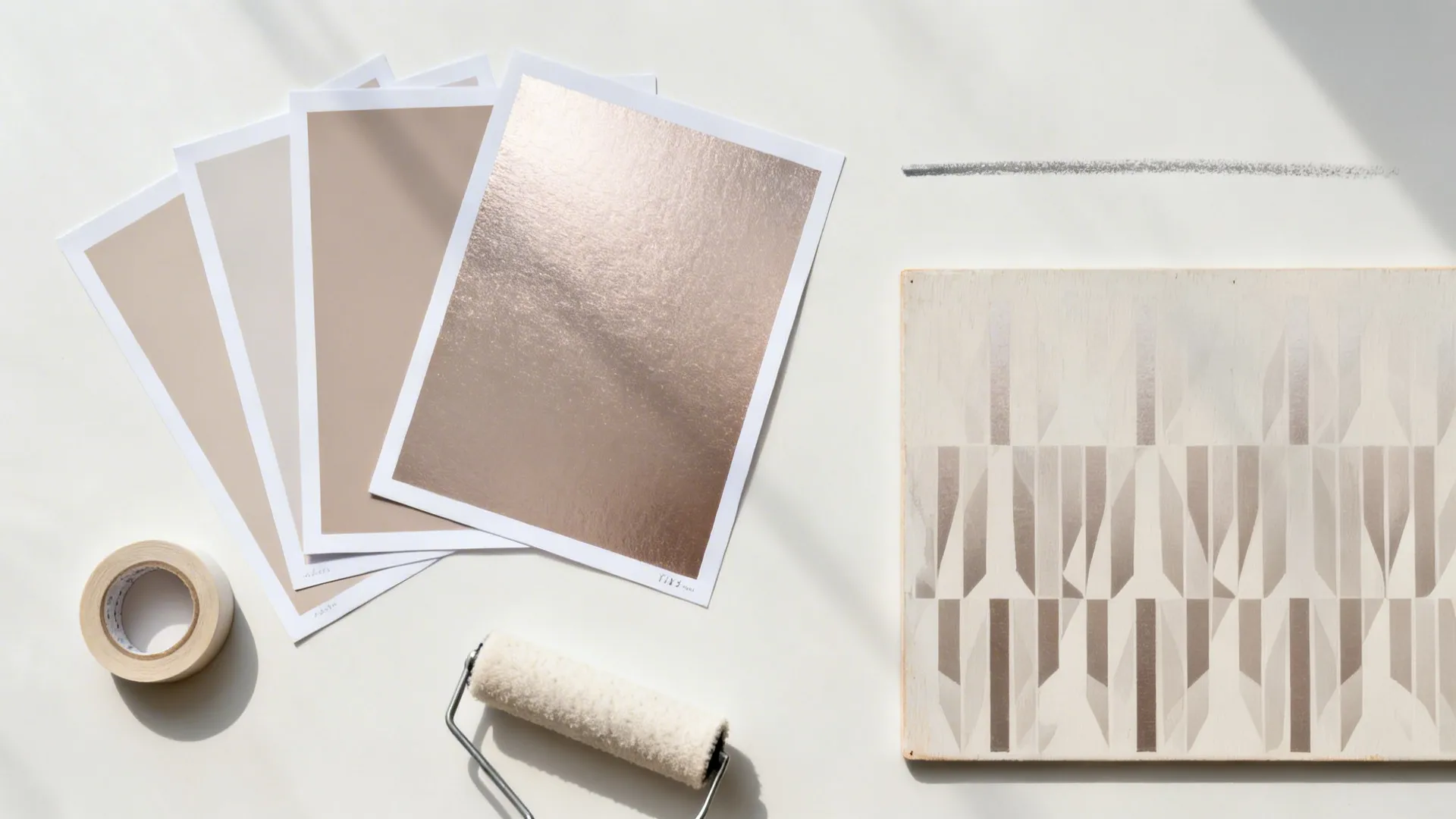Flatlay of tone-on-tone stencil materials with matte and faint metallic paint swatches.