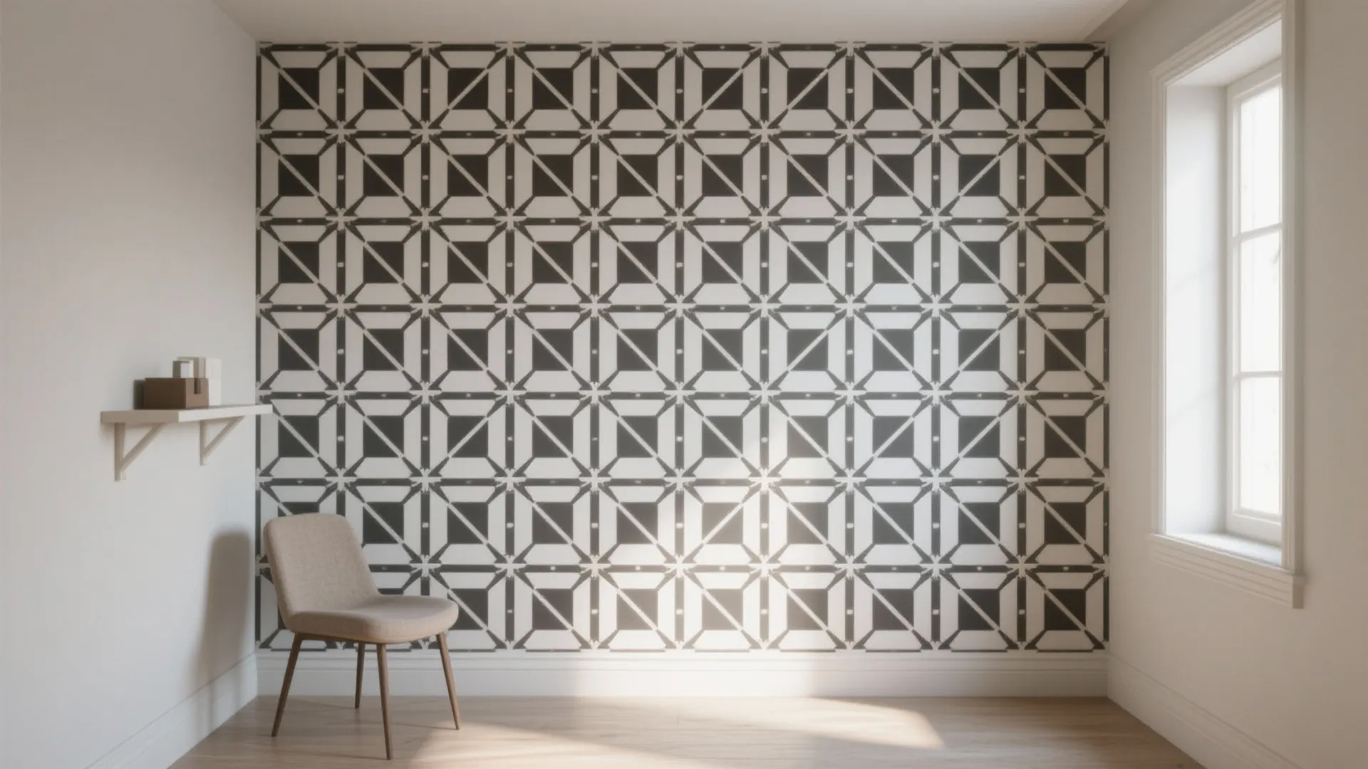 Empty room with black and white geometric pattern wall panel chair shelf and a bright window