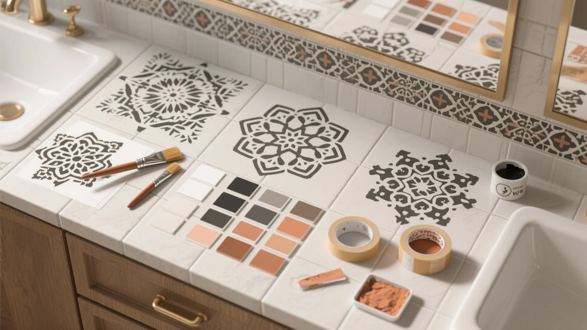 Bathroom counter showing tile stencil patterns with paint brushes color samples tape and a white sink
