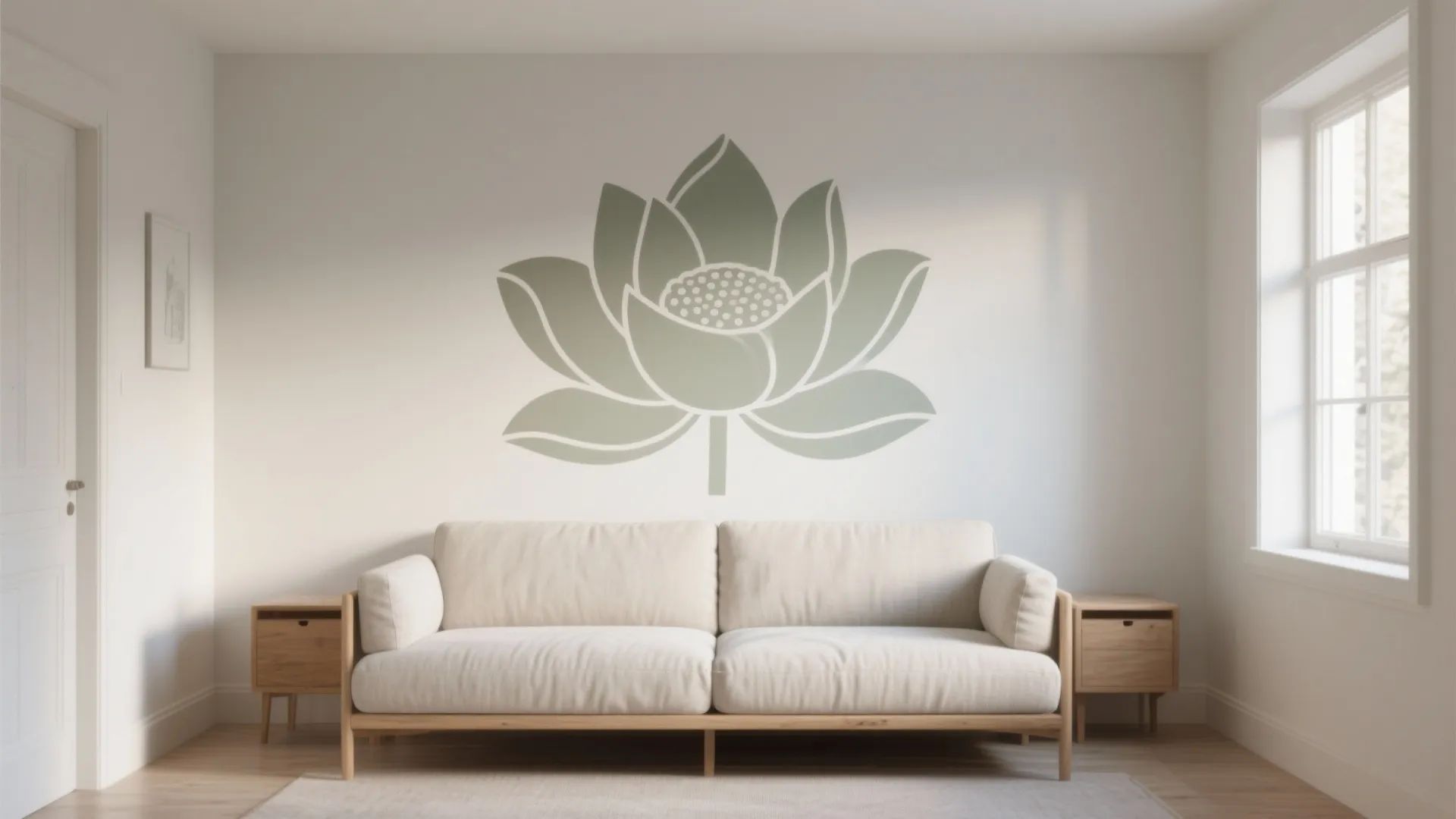 Modern living room with lotus wall stencil design above white sofa and wood side tables