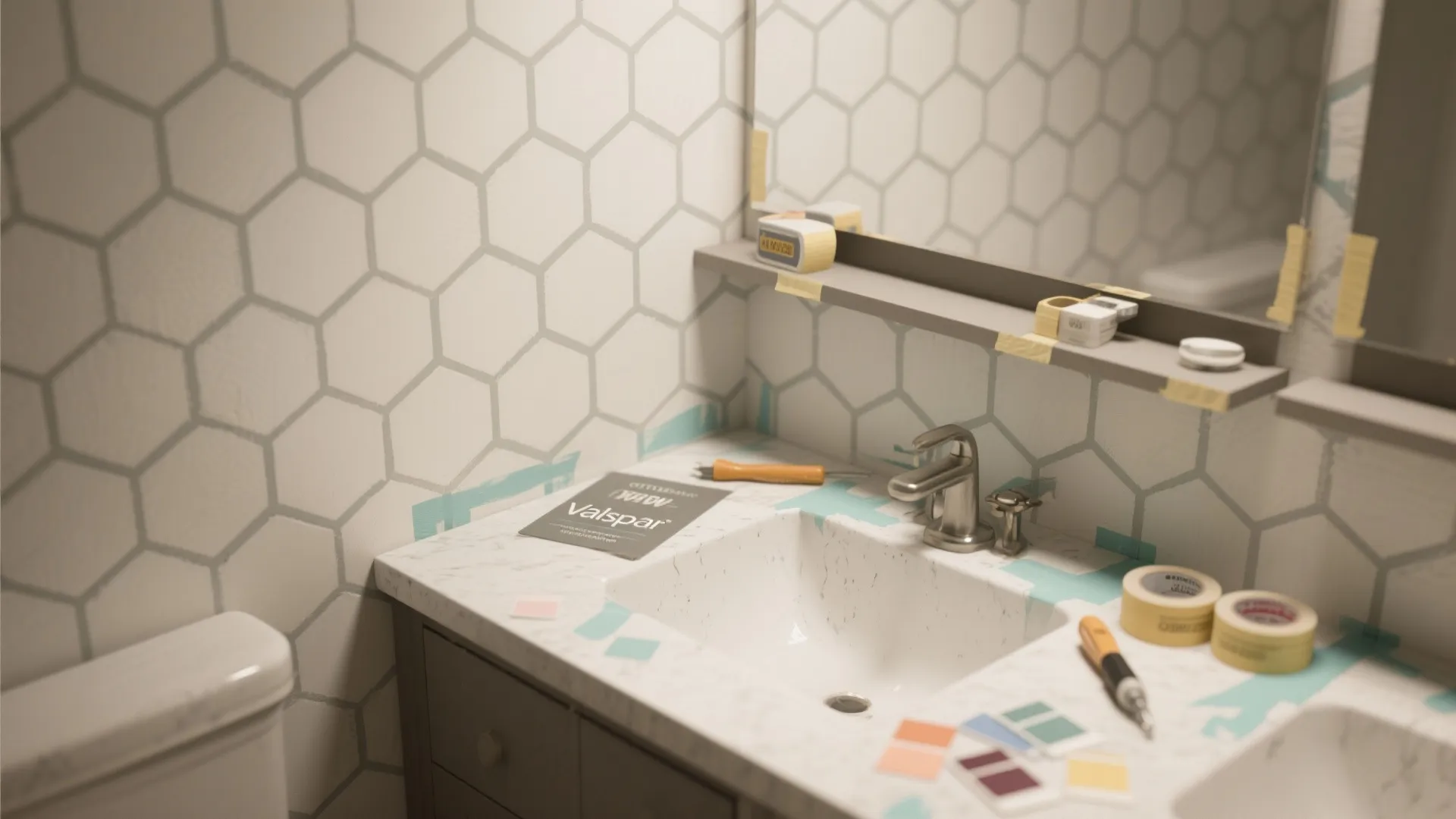 Bathroom renovation in progress featuring hexagon wall tiles with painters tape and colorful paint swatches