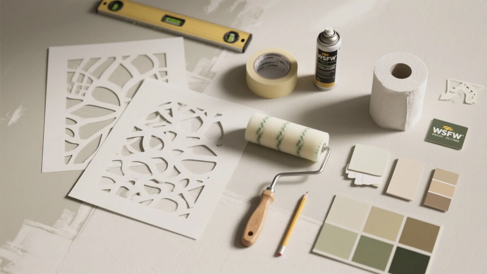 DIY wall painting tools featuring stencils paint roller tape pencil and color swatches on background