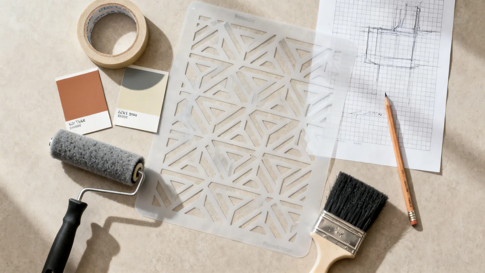 Tools for wall painting including a plastic pattern sheet paint roller brush and design sketch