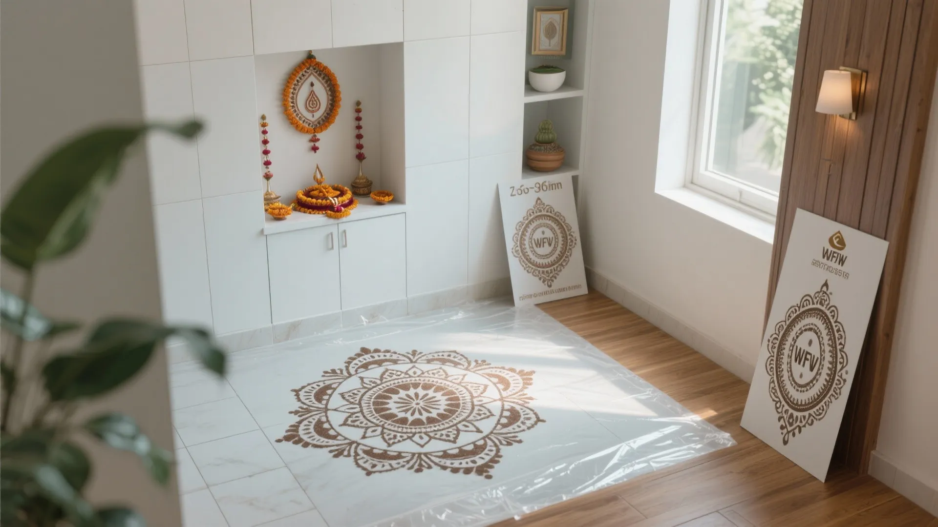 Tile-Friendly Stencil Kolam for Rentals