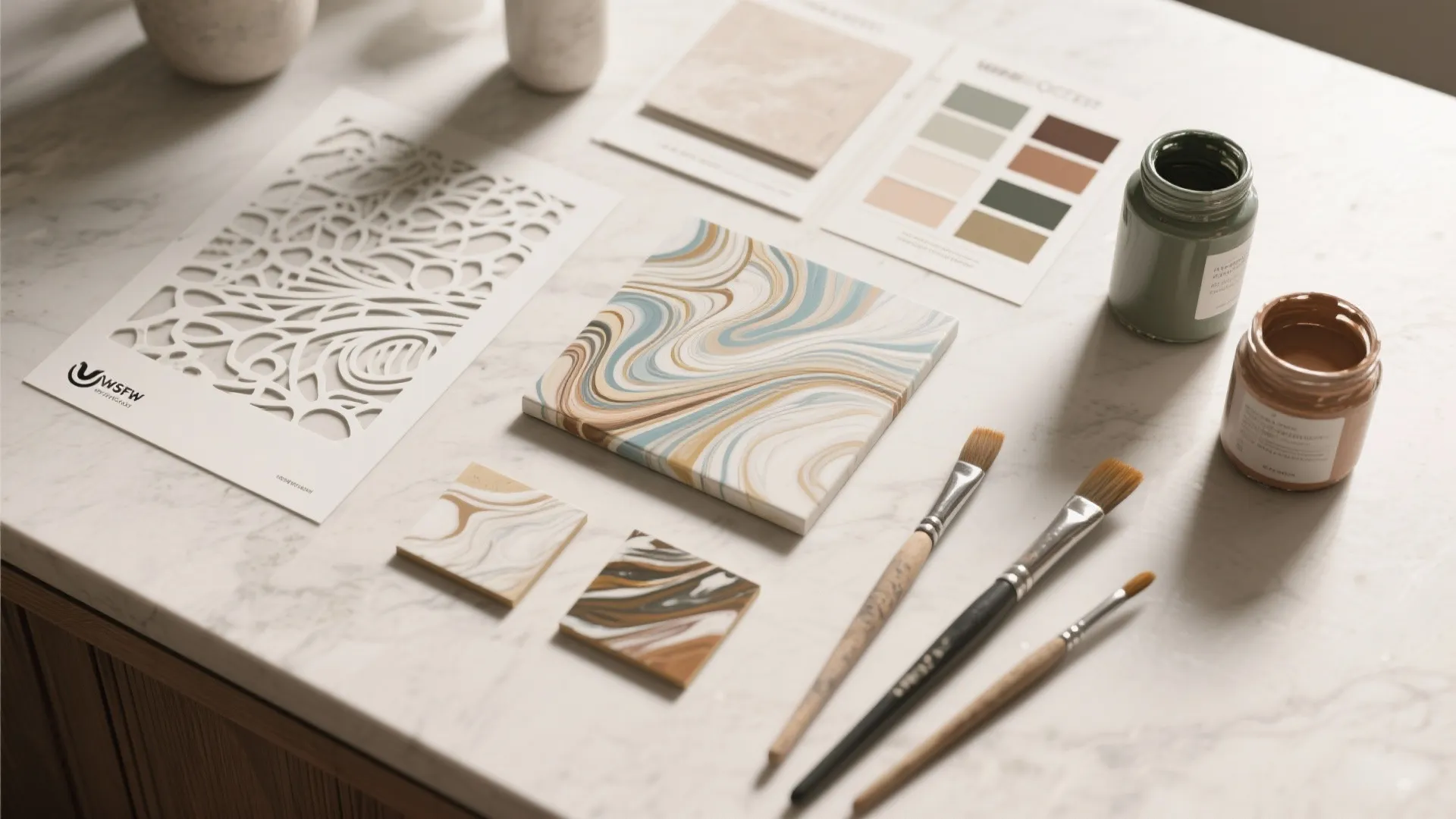 Interior design table with marble pattern tiles paint jars brushes and color palettes on countertop