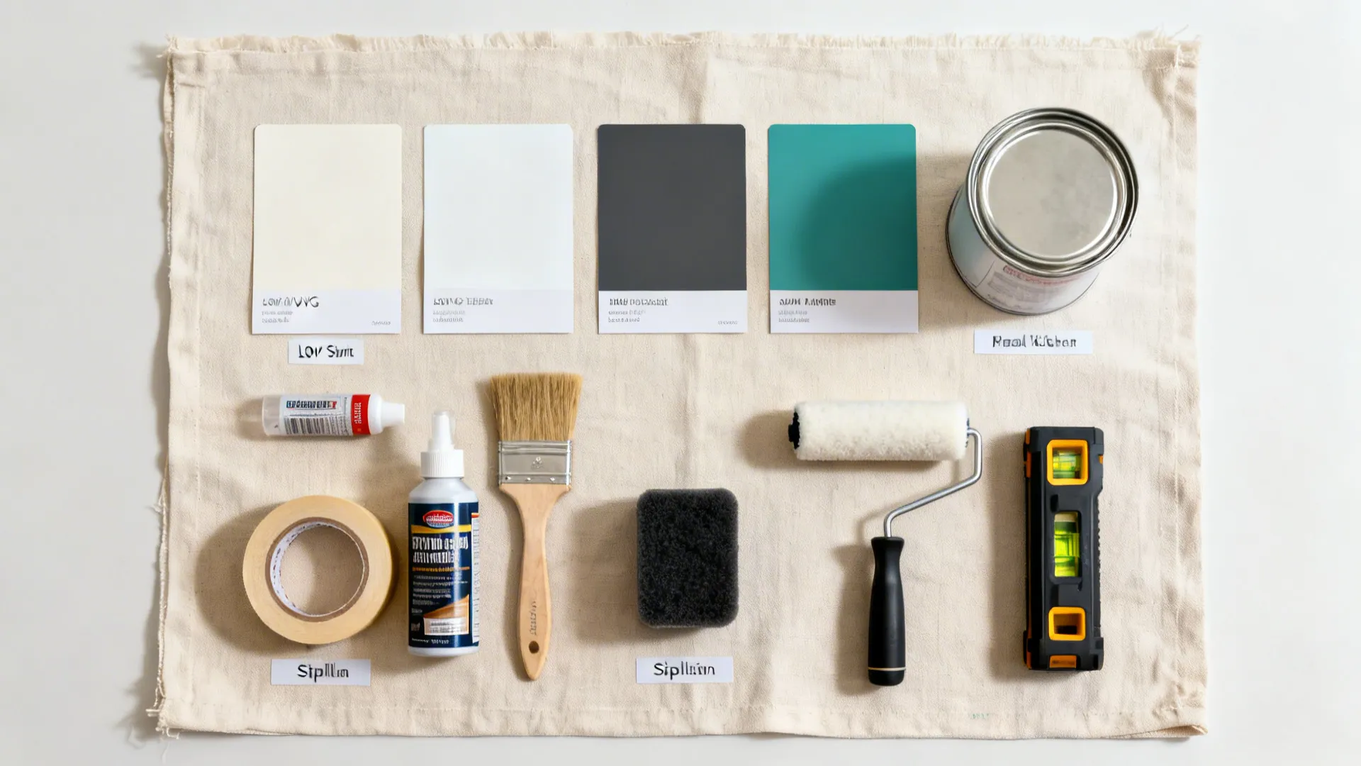 Flat lay of stencil tools and paints including tape, adhesive, brushes, roller, laser level, and satin topcoat.