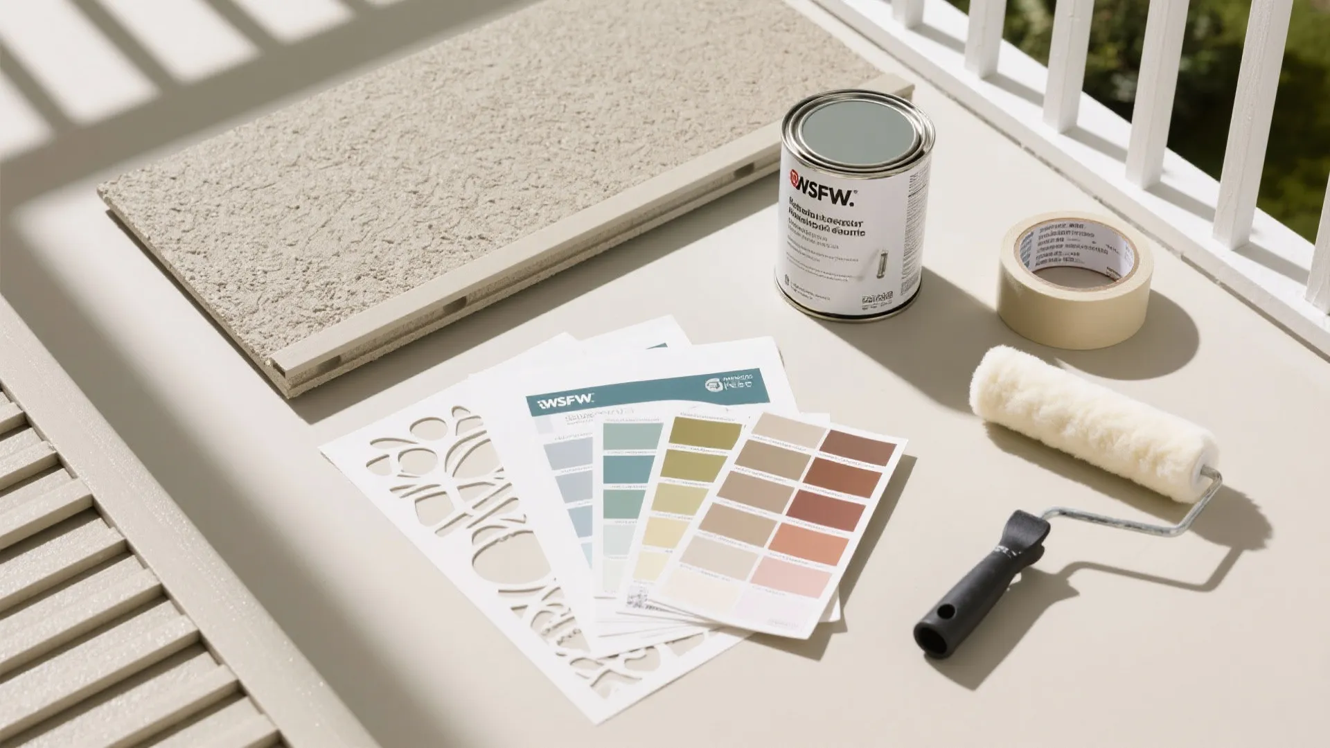 Flat lay of fiber-cement panel, exterior primer, paint swatches, stencil sheets, roller, tape, and sealer.