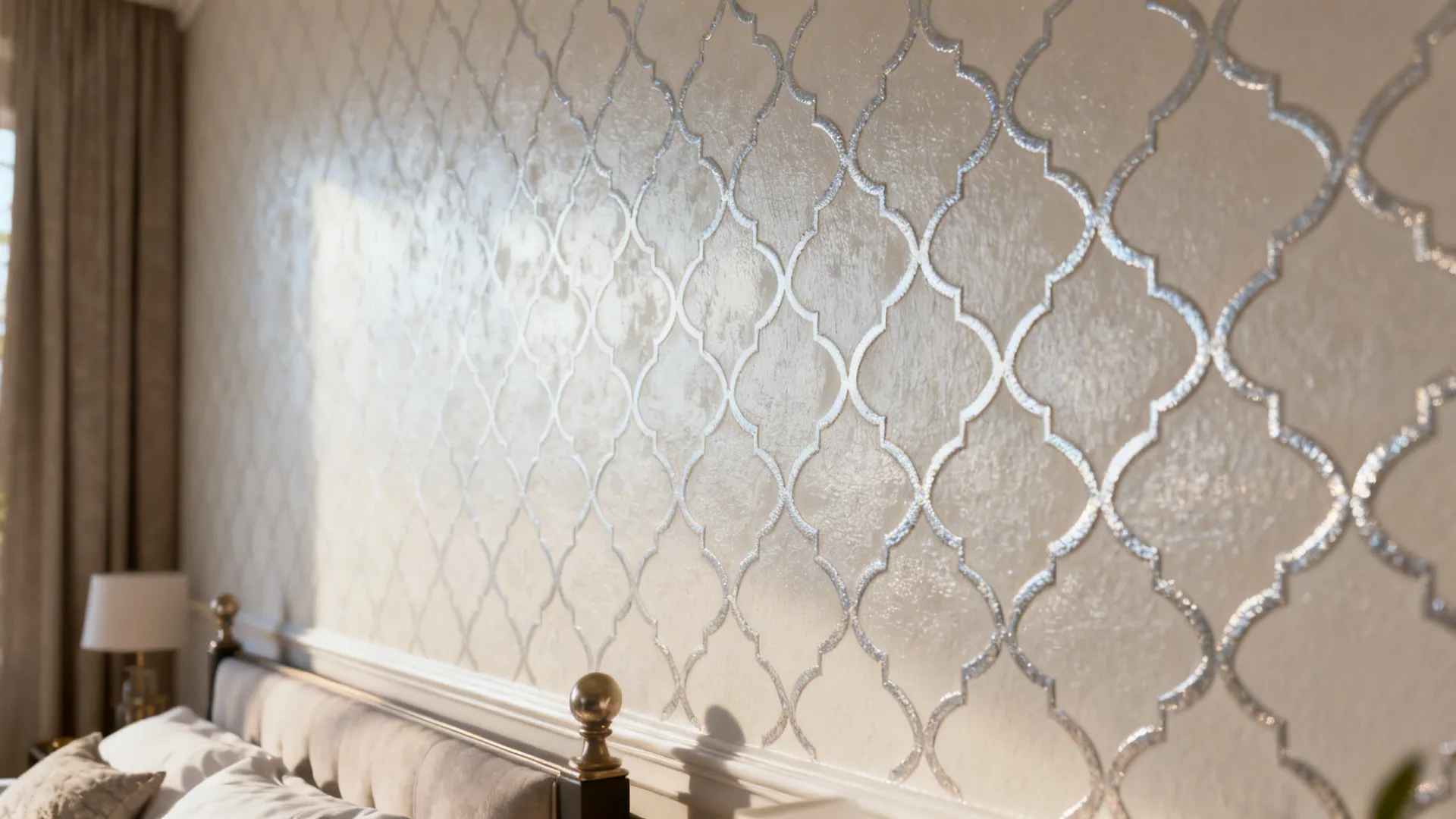 Detail of a stencil pattern with metallic paint highlights on an accent wall