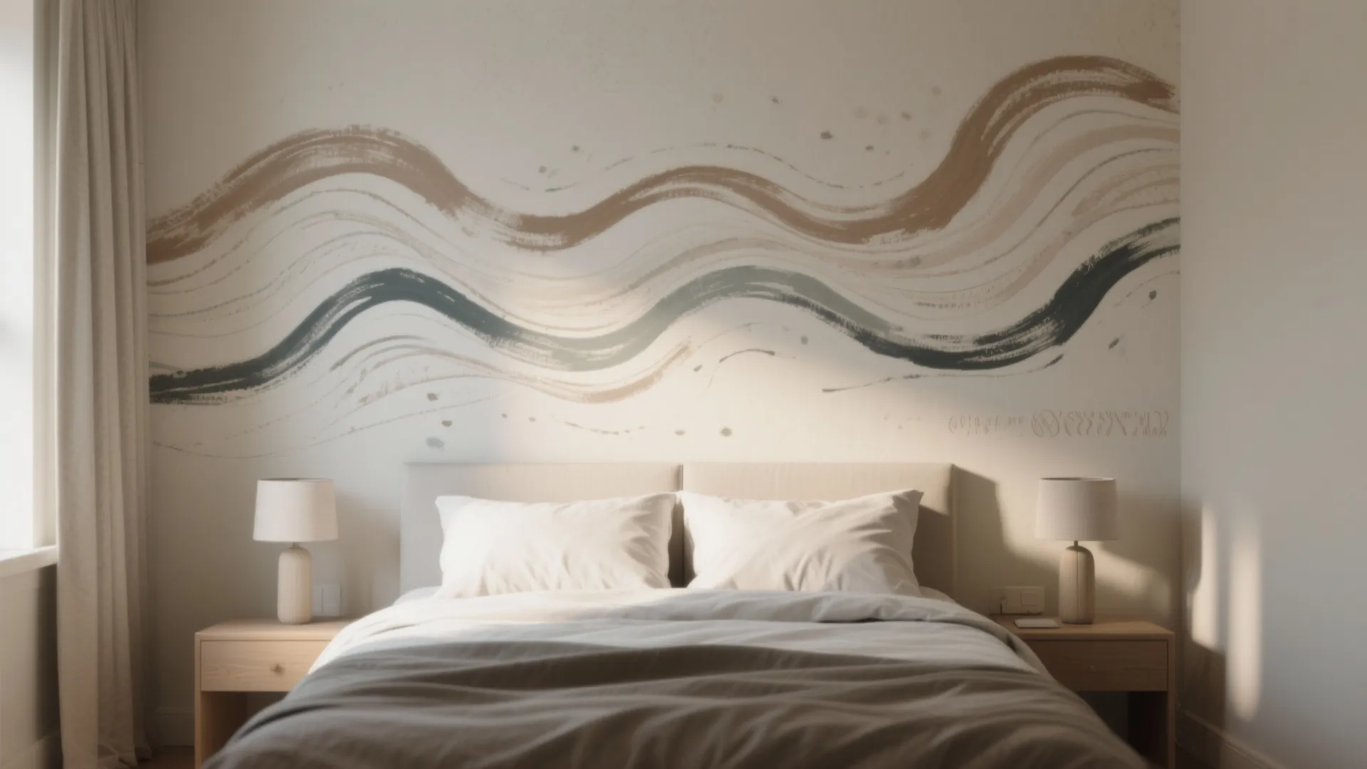 Bedroom with a small freehand mural above the bed showing abstract waves and visible brush texture, creating custom charm.