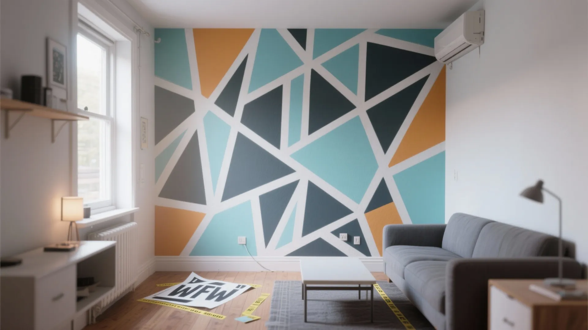 Living room with grey sofa and colorful geometric pattern wall mural in blue and orange