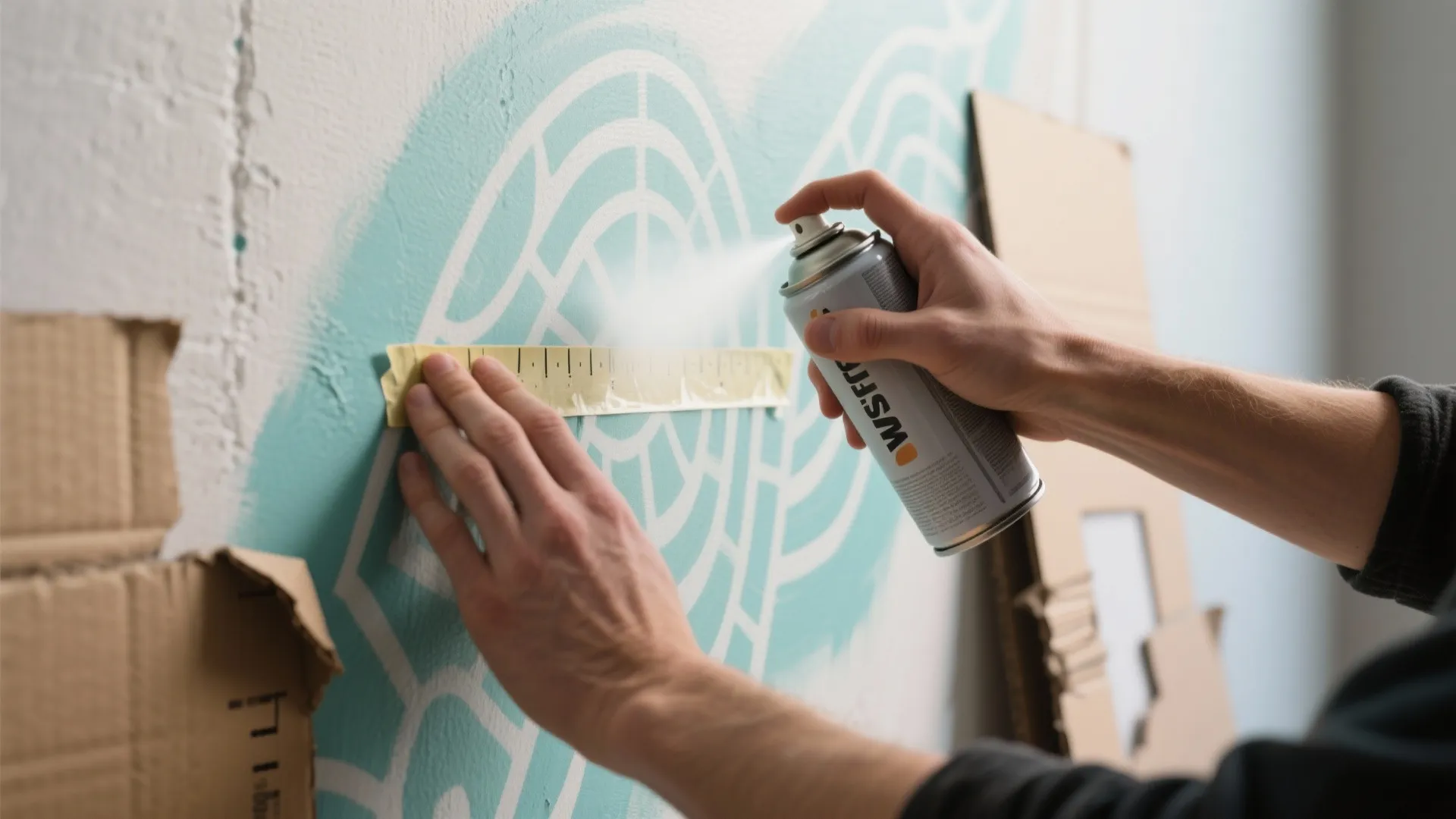 Person using spray paint to create a blue pattern on a white wall with tape