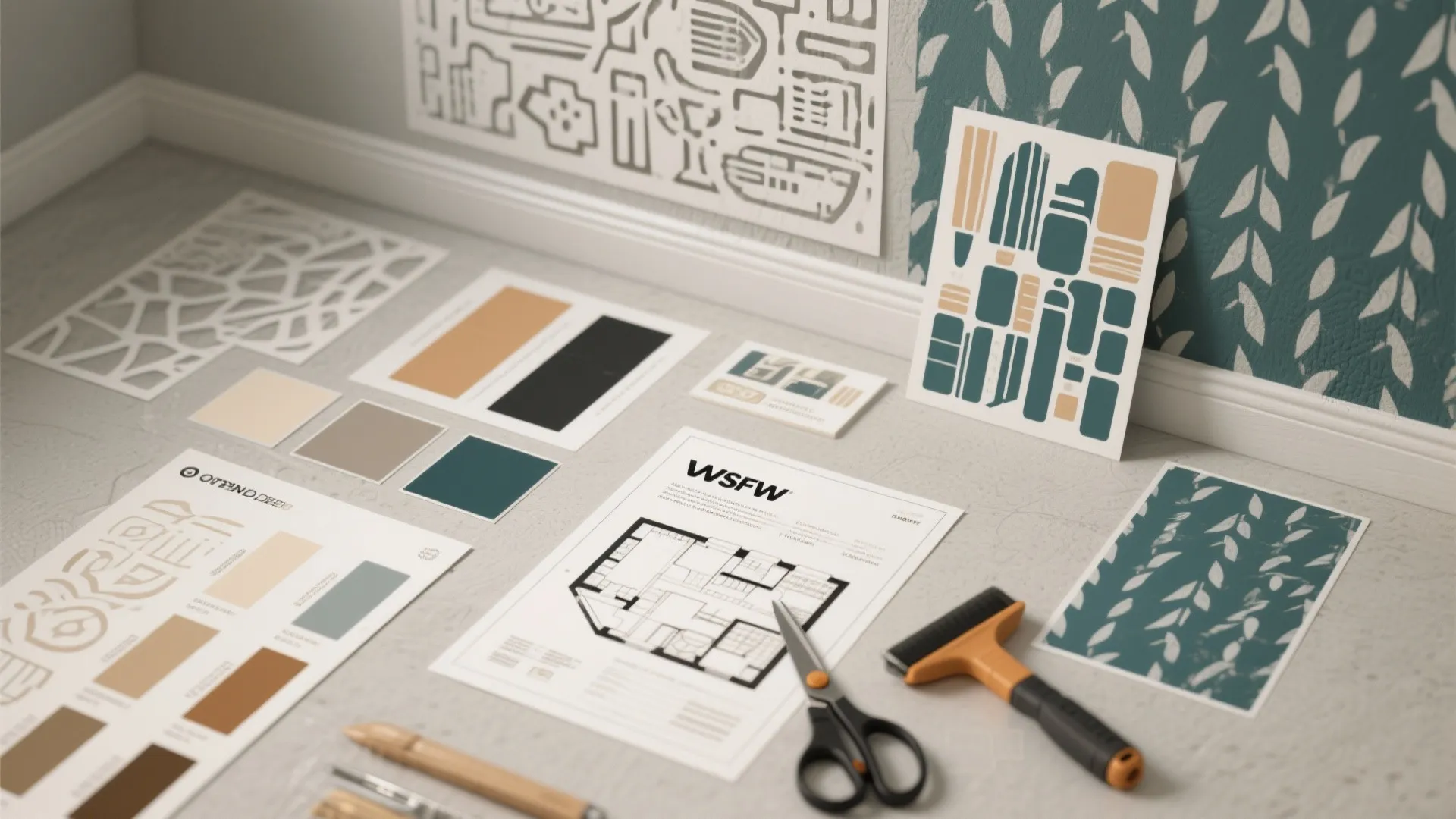 Interior design tools including floor plan drawings scissors paint rollers and colorful wall pattern sample cards