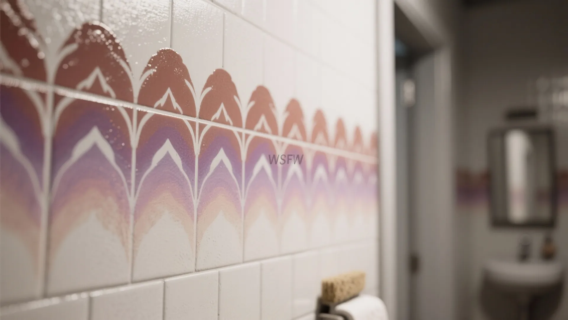 Macro view of a stenciled ombre motif on a wall showing subtle fading across each pattern row.