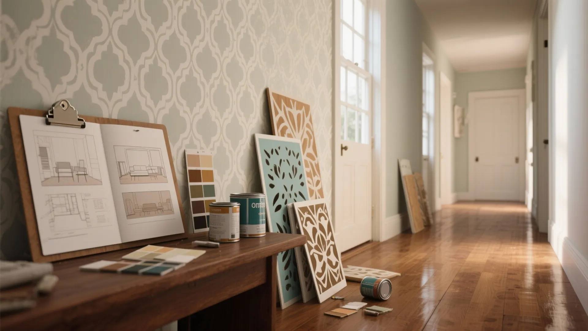 Home renovation tools and interior design drawings arranged on a wooden bench in a hallway