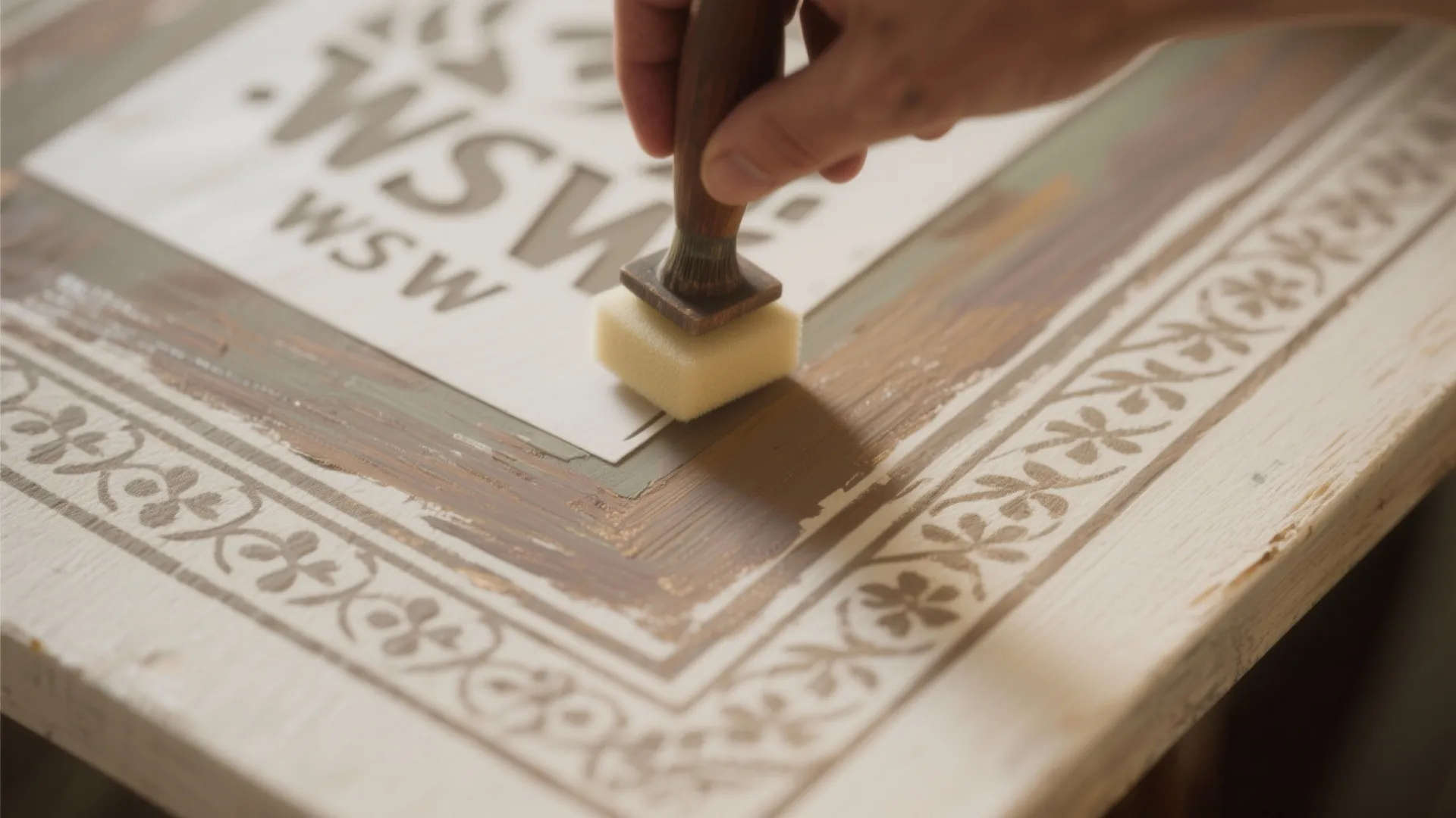 Hand using a small sponge tool to apply paint over a stencil on wooden furniture surface