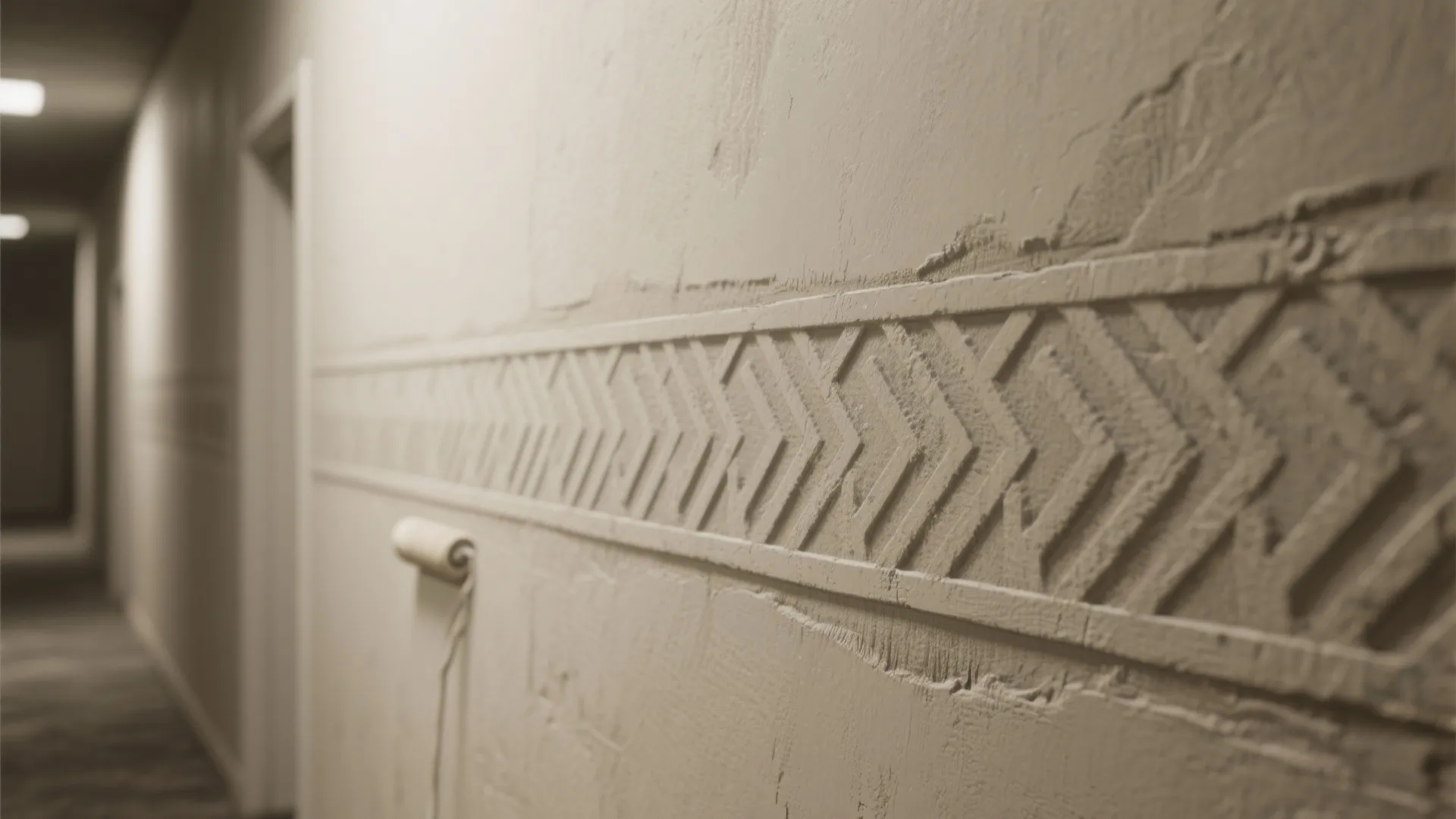 Textured wall surface with a decorative geometric pattern and a small roller in a long hallway