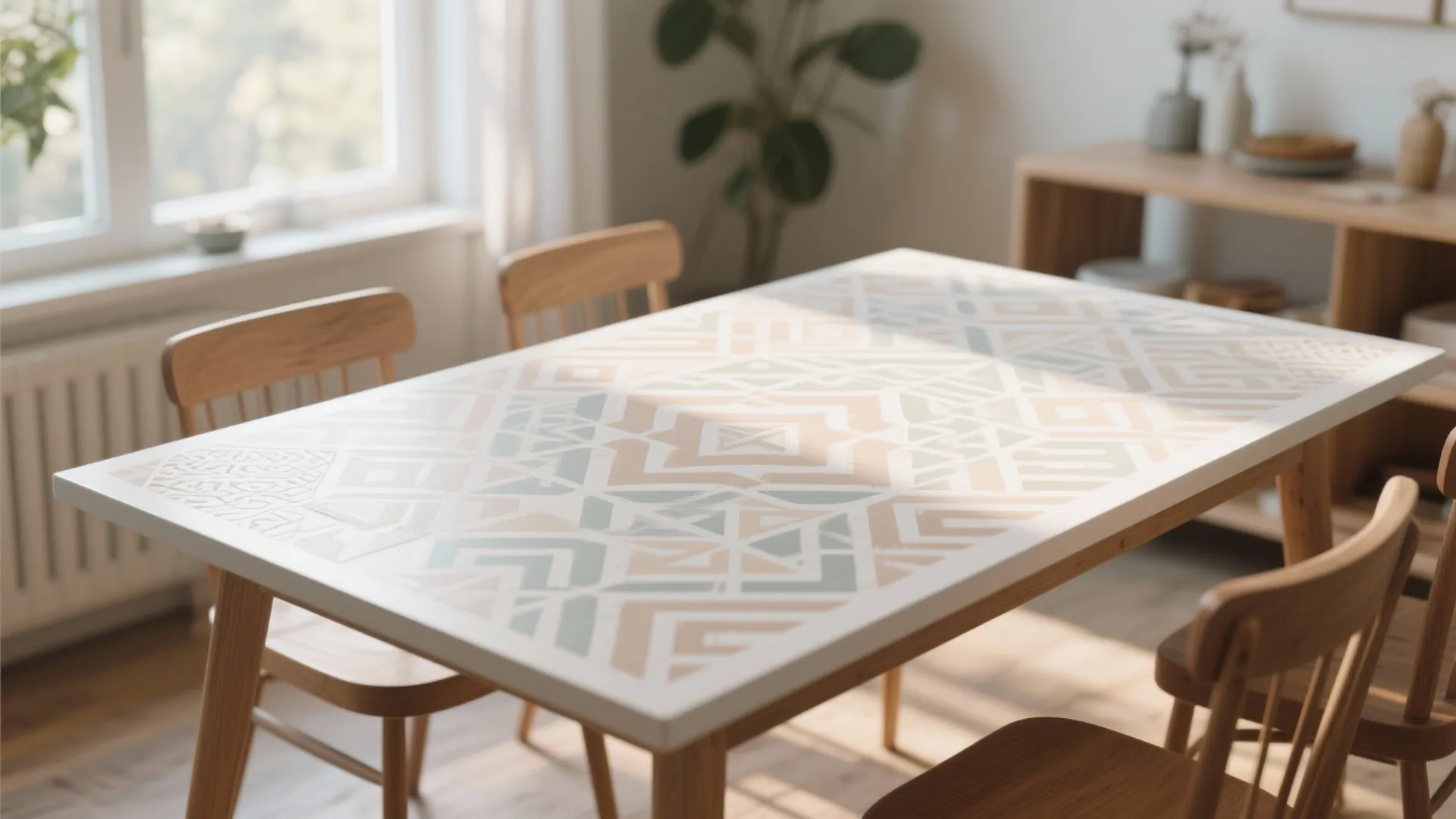 Modern white dining table with geometric pattern top and wooden chairs in a bright sunny room