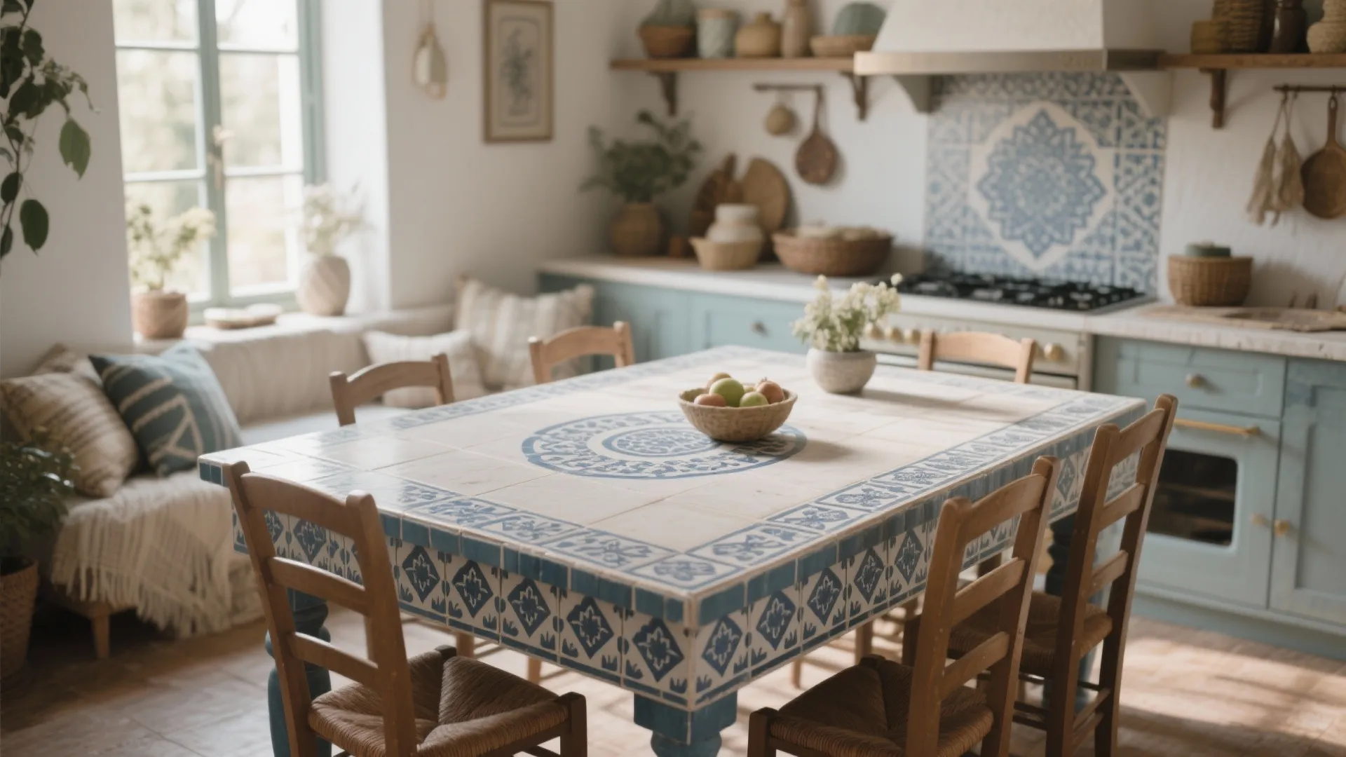 Rustic kitchen featuring blue cabinets and white dining table with blue pattern tile top surface