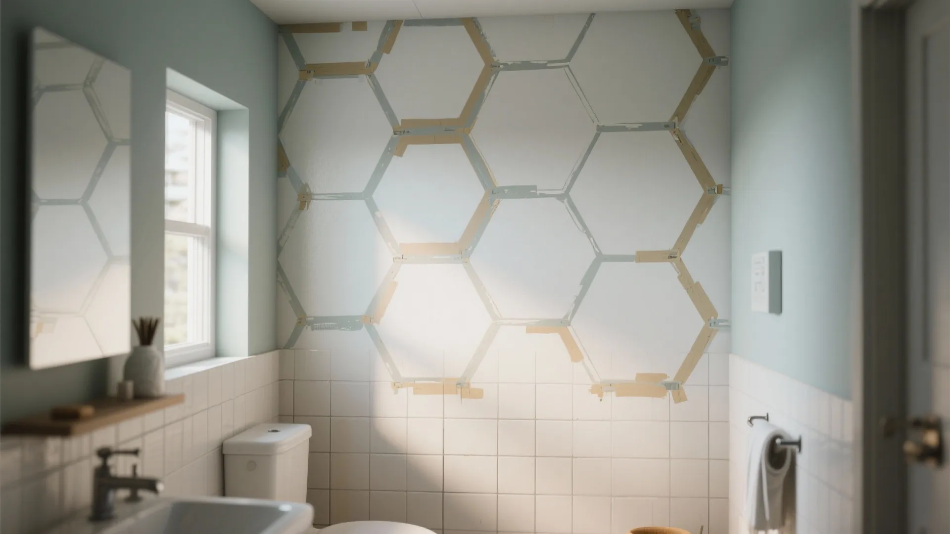 Bathroom wall with geometric stencil being painted over existing tiles, showing masking and primer-sealed edges