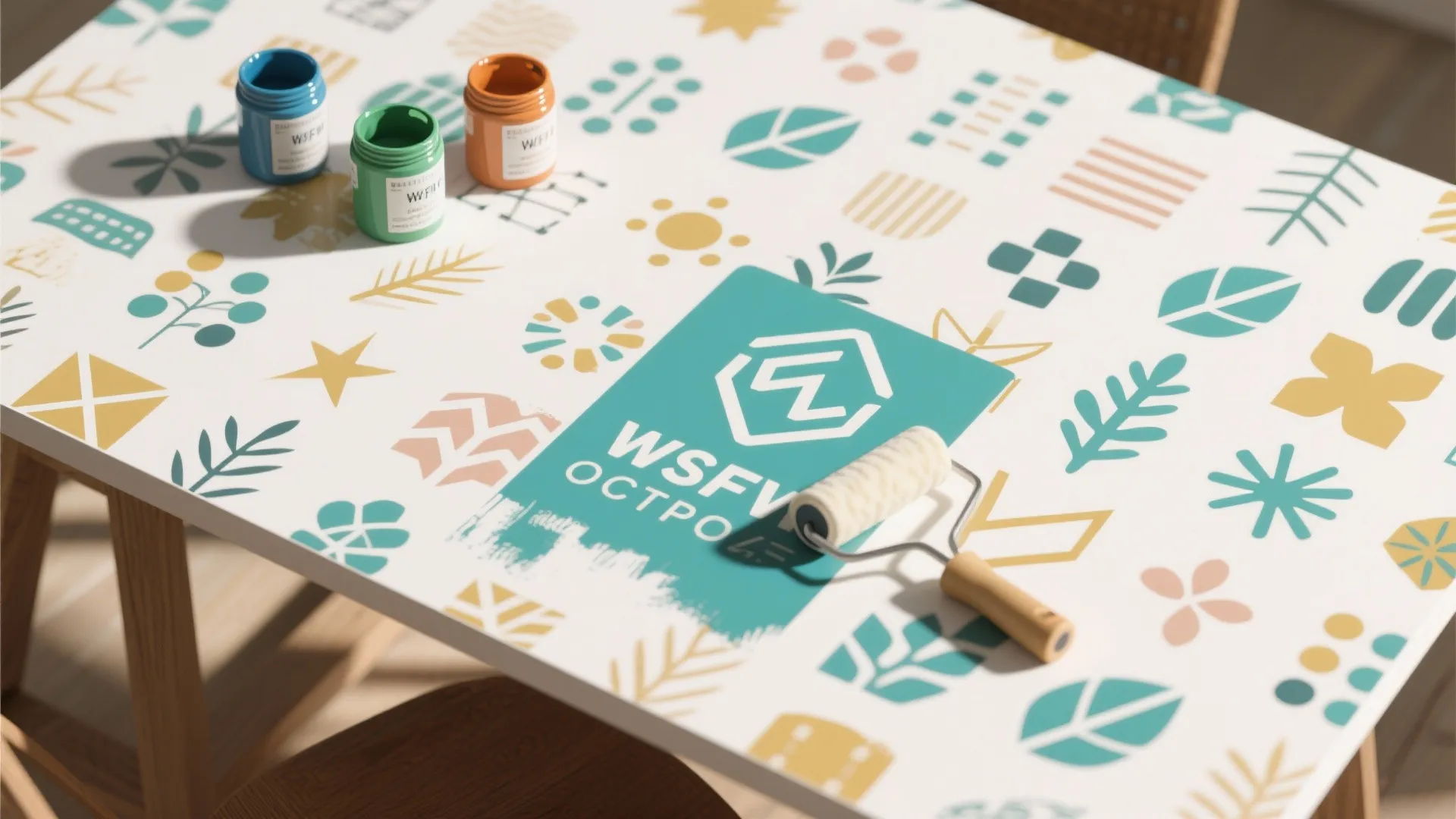 Colorful leaf patterns on a table top with three paint jars and small paint roller