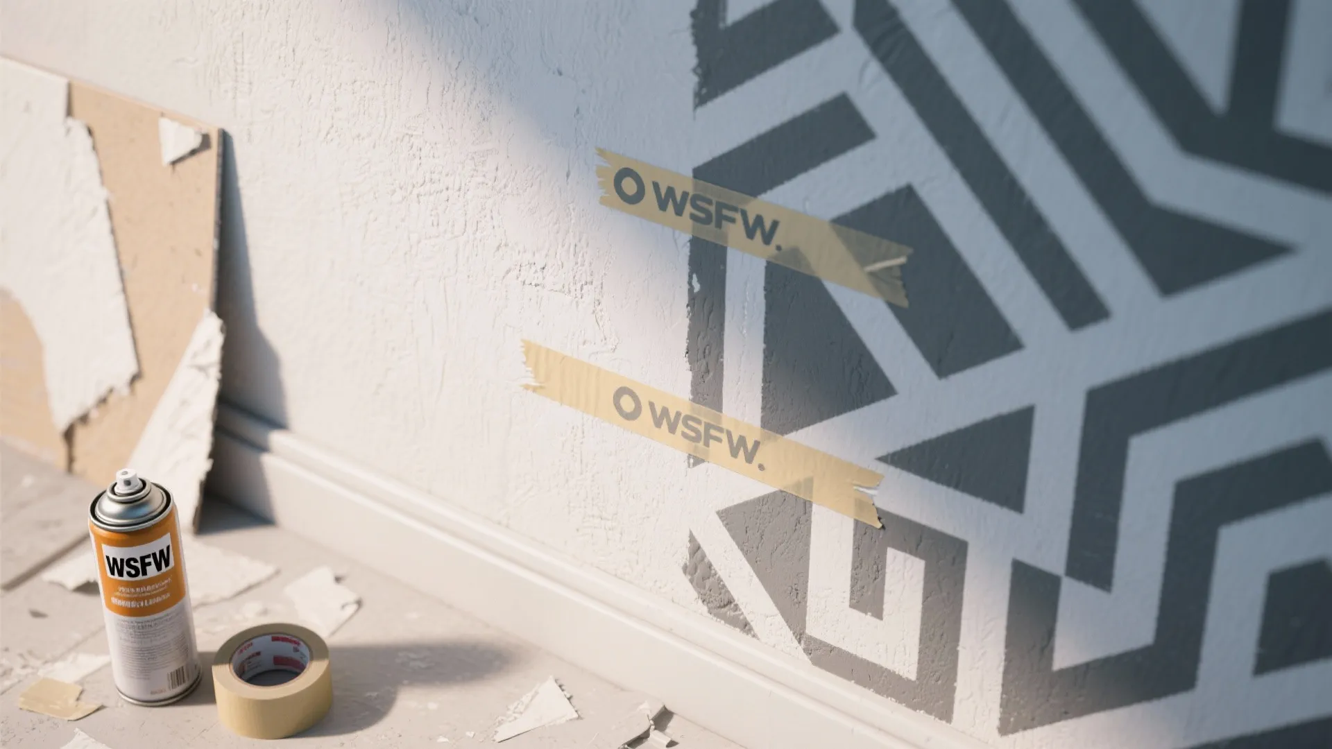 Geometric wall pattern created with spray paint and painters tape near white baseboard and floor
