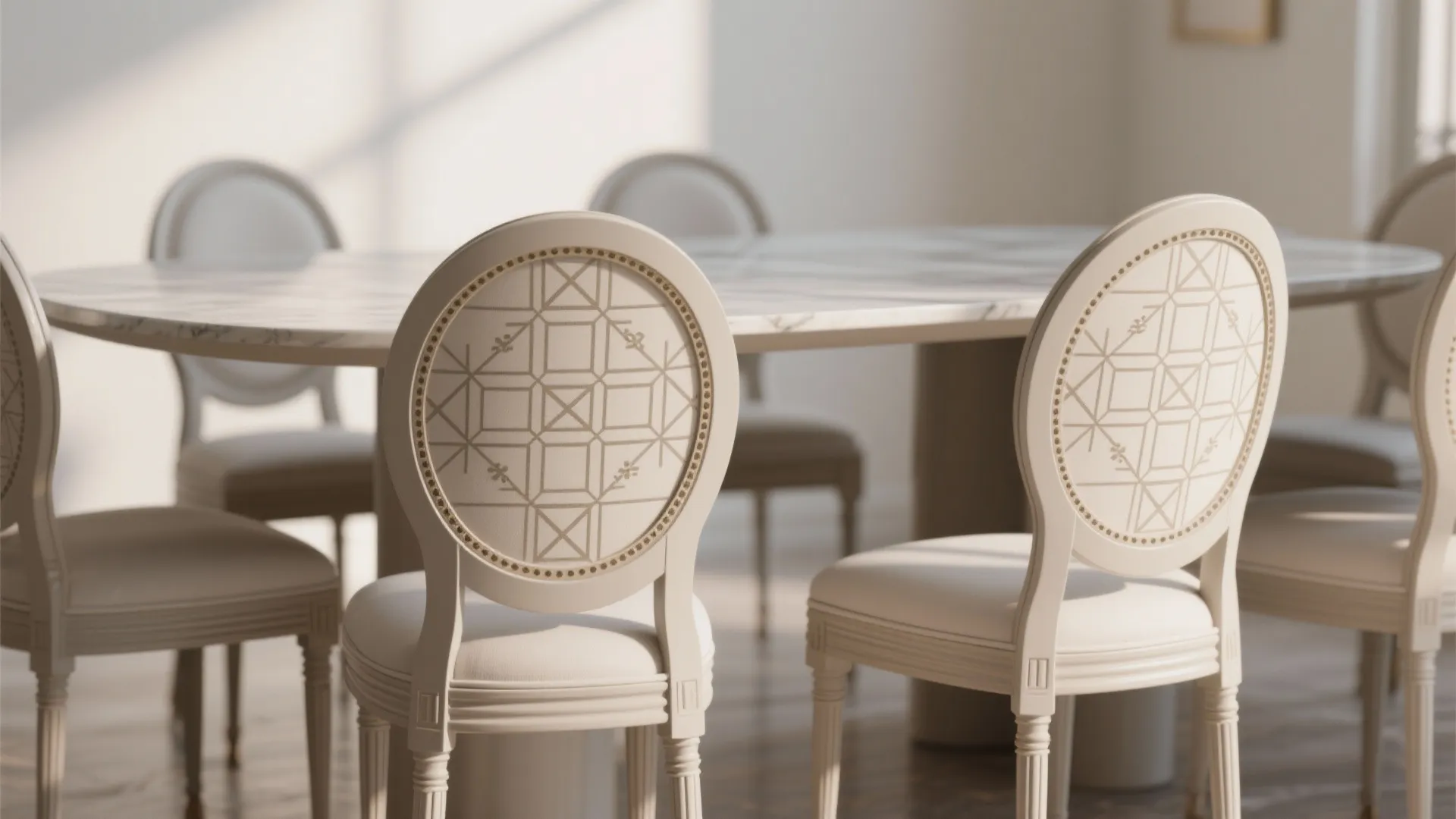 Elegant white dining chairs with patterned backrests surrounding a marble table in a bright room