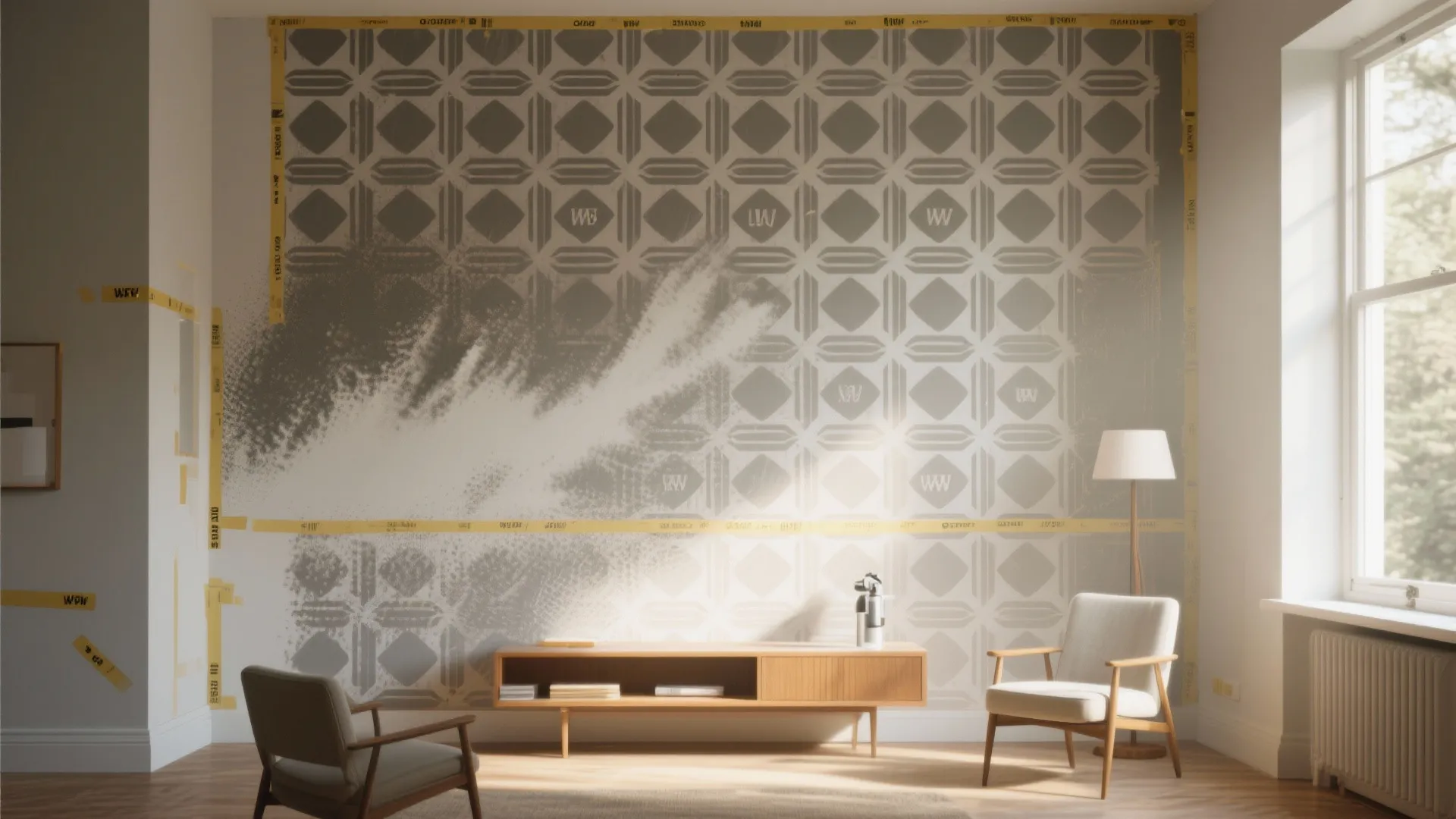Living room interior design showing a grey patterned wall stencil being applied above wood cabinet