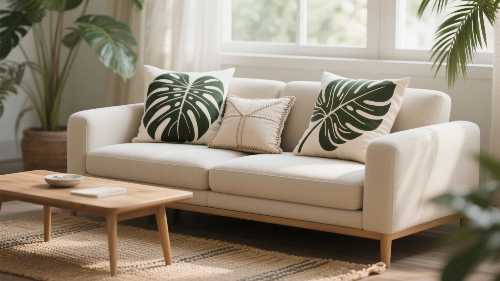 Small sofa with tropical throw pillows stenciled with large monstera and palm fronds and one hand-stitched accent pillow.