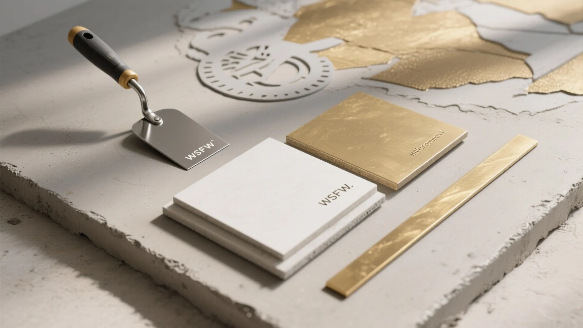 Close up view of metal tools gold leaf and white tiles used for interior decoration