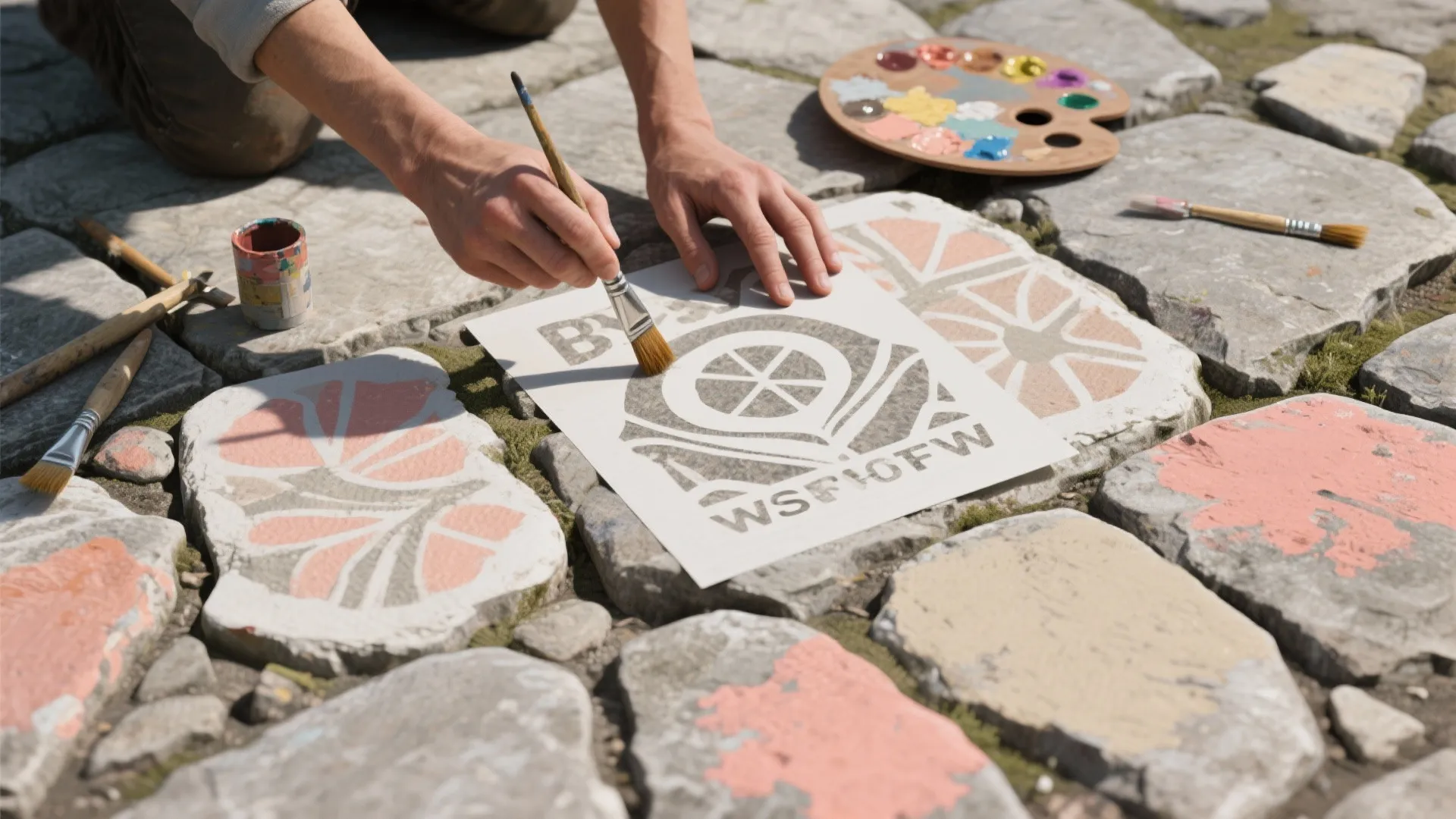 Person using a brush and stencil to paint decorative patterns onto a grey stone floor surface