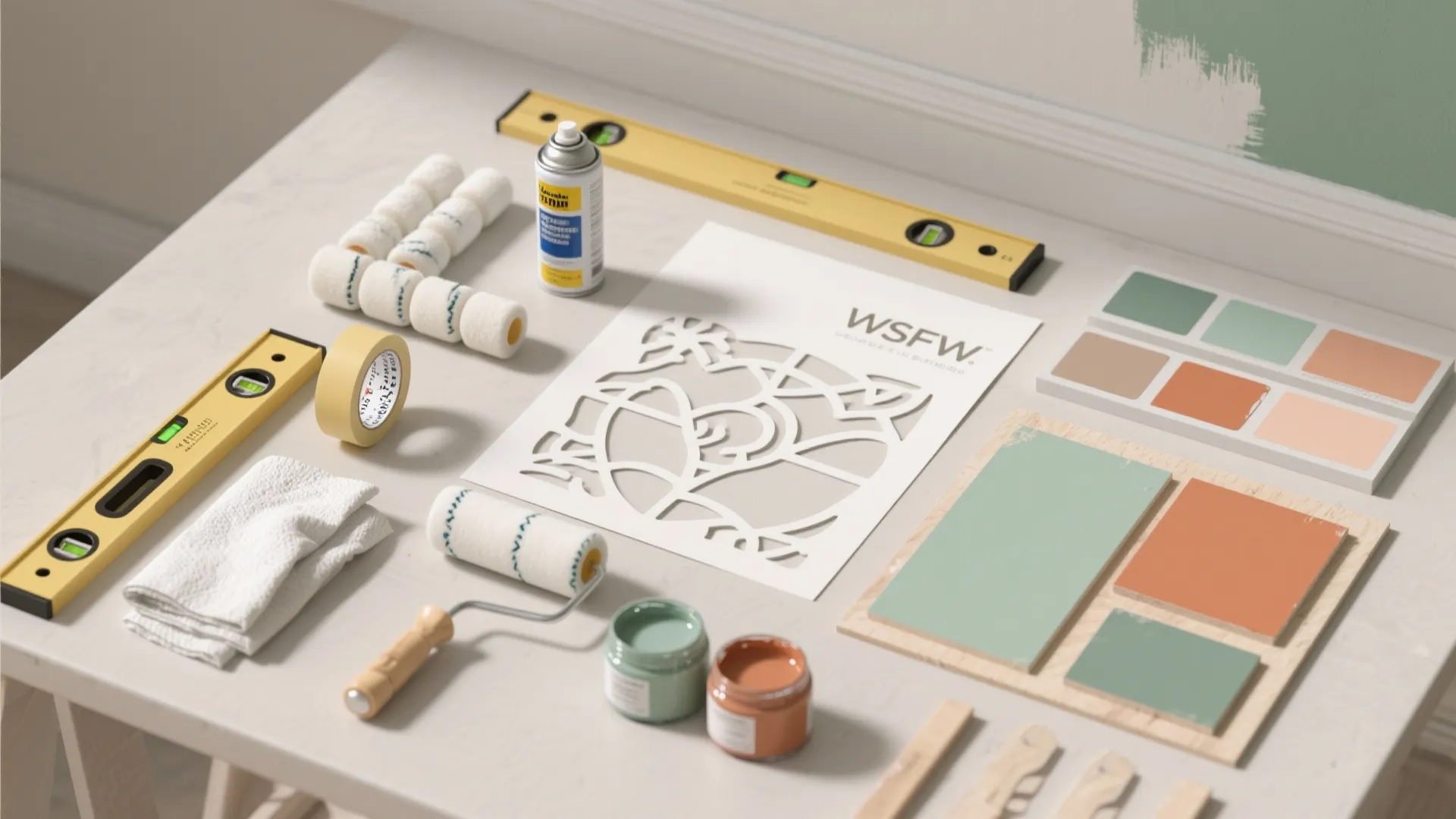 Top-down flat lay of stencil tools and paints: reusable stencil, rollers, spray adhesive, tape, level, and sample boards.