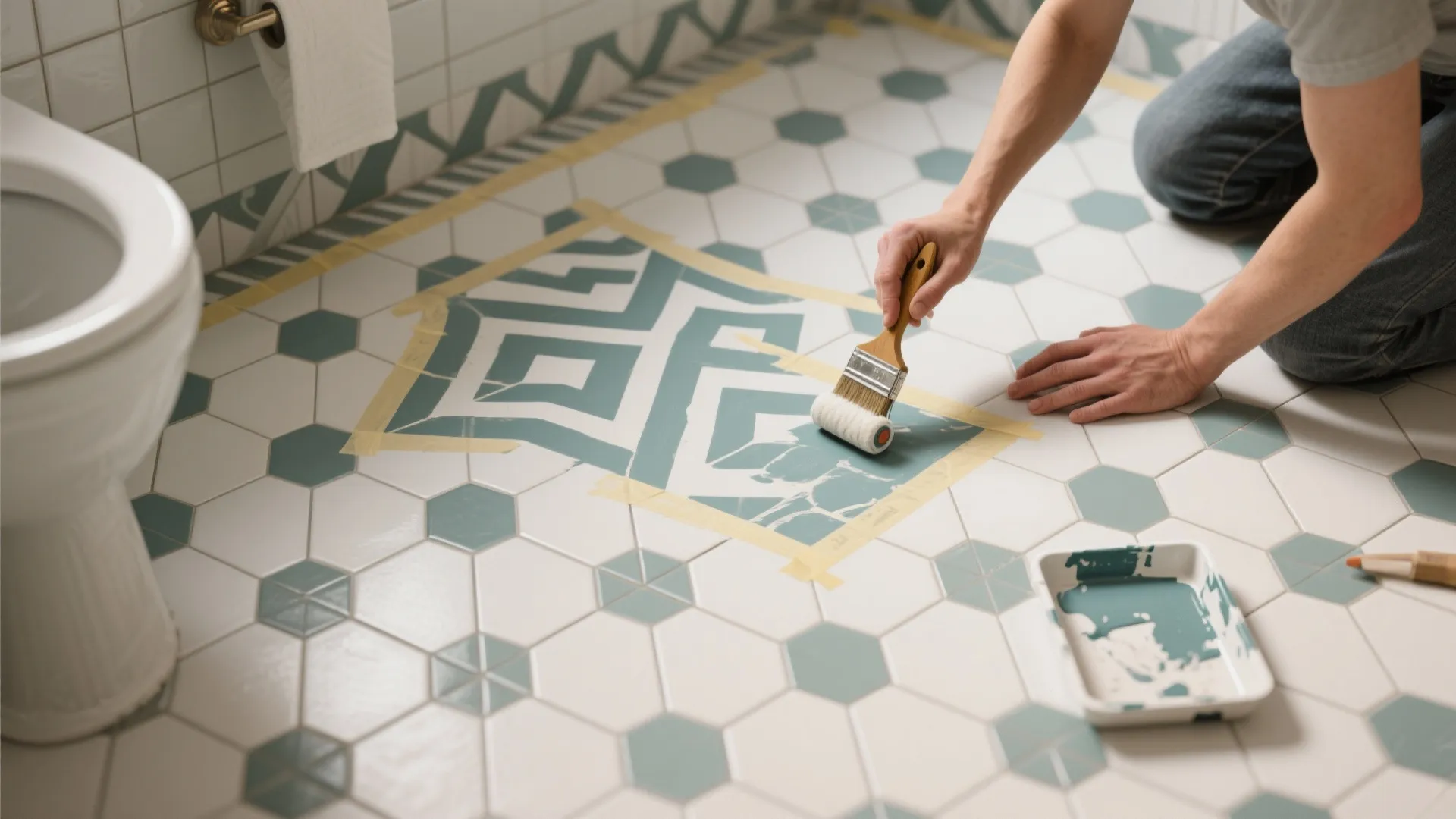 Top-down view of geometric stenciling on tiles with tools and masked grout lines