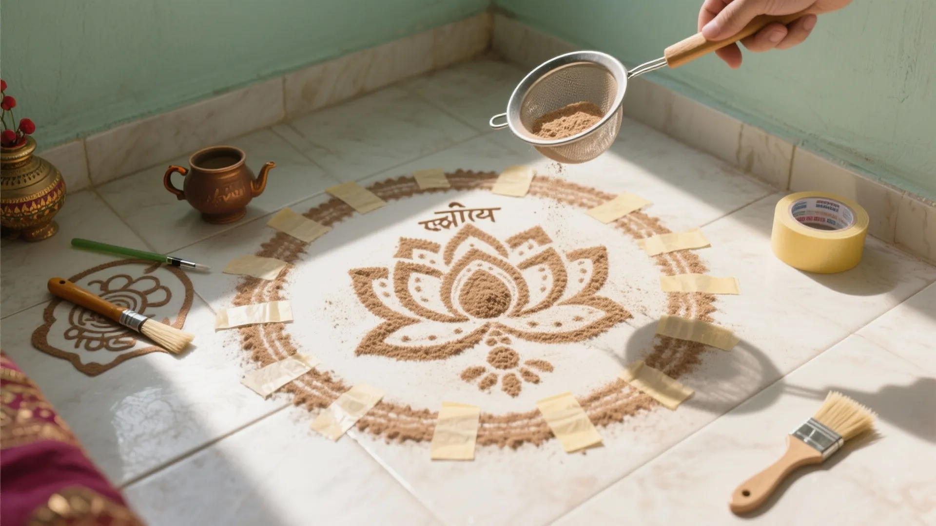 Hand using metal sieve to pour brown powder over a lotus flower stencil on tiles