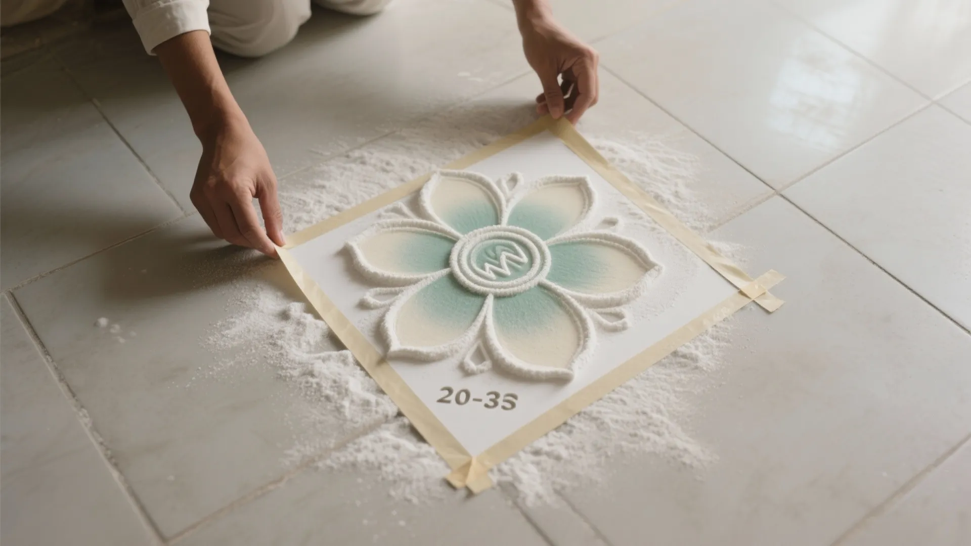 Person hands creating a floral pattern on floor using a white stencil and colored sand