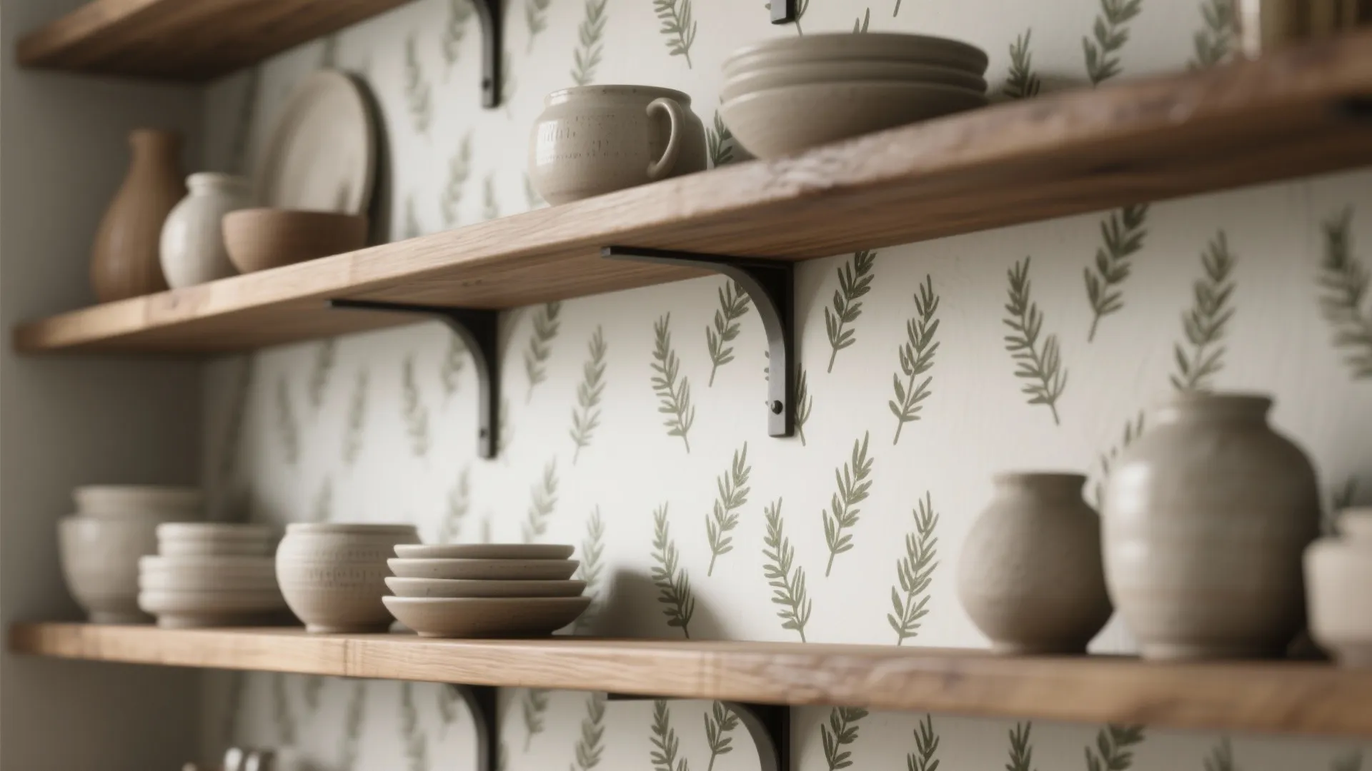 3. Stencil a Repeating Rosemary Pattern Behind Open Shelves