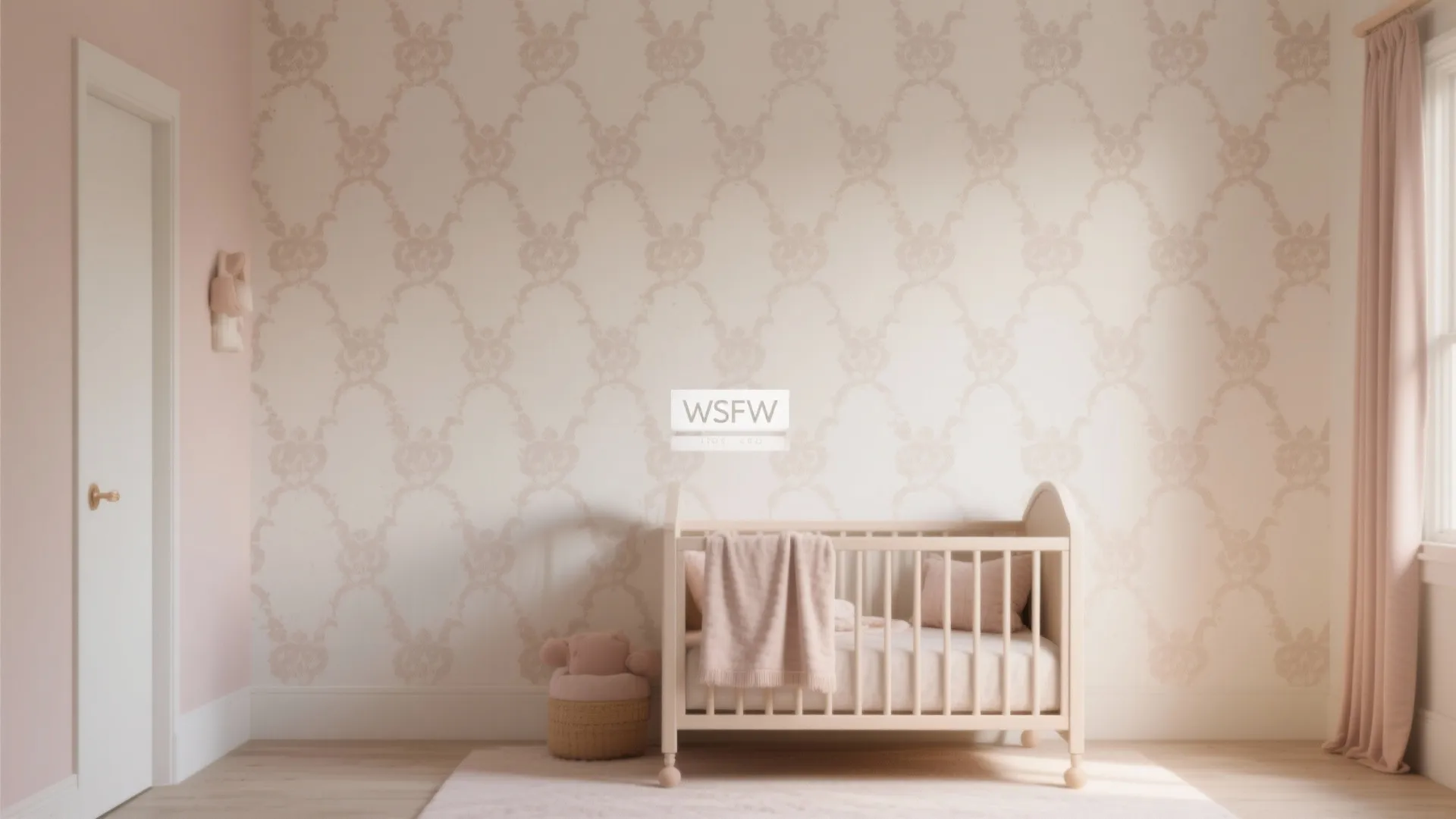 Minimalist baby nursery with white wooden crib pink curtains and patterned wall panel design style layout