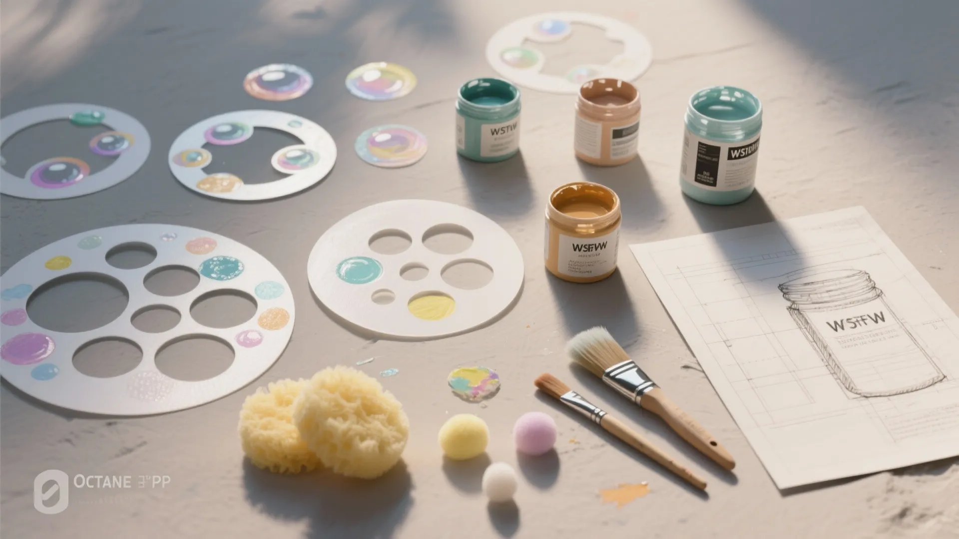 Artist table with paint jars paint brushes sponges round stencils and an interior design drawing