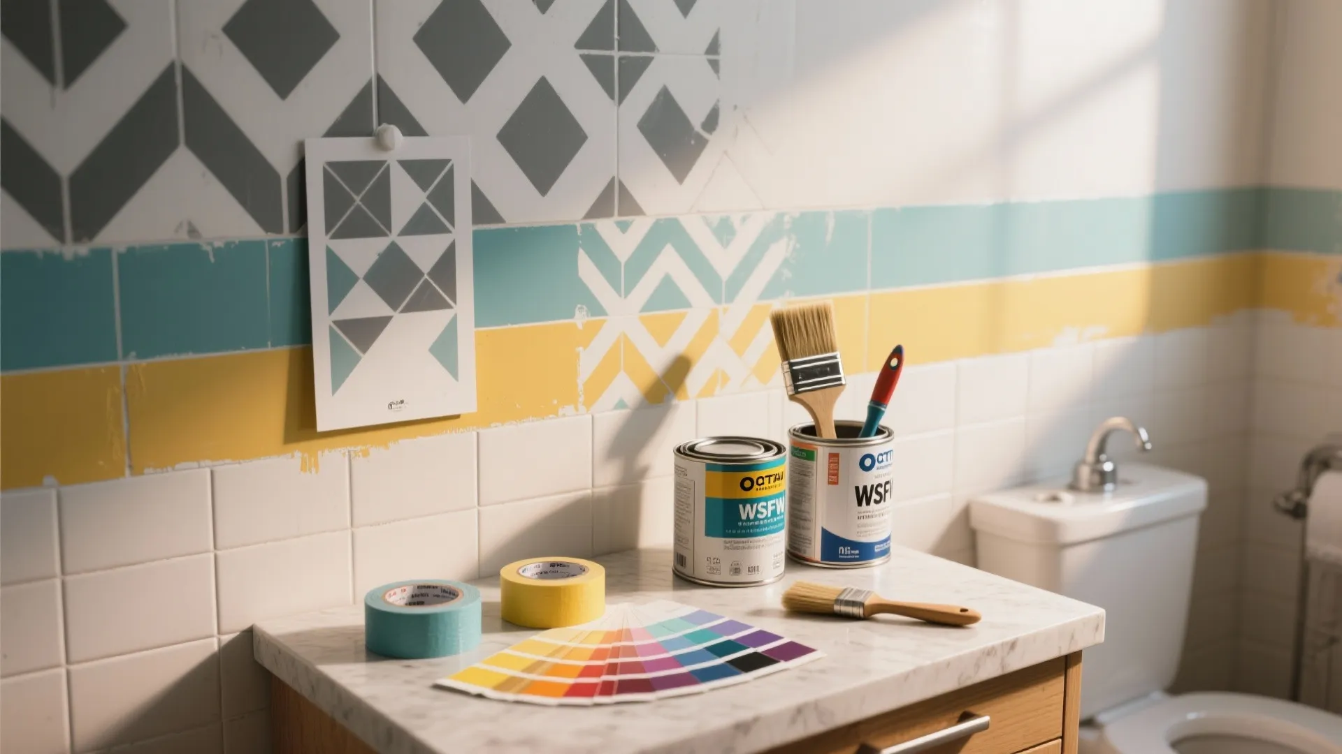 Bathroom renovation tools with paint cans brushes color swatches and tape on a marble counter